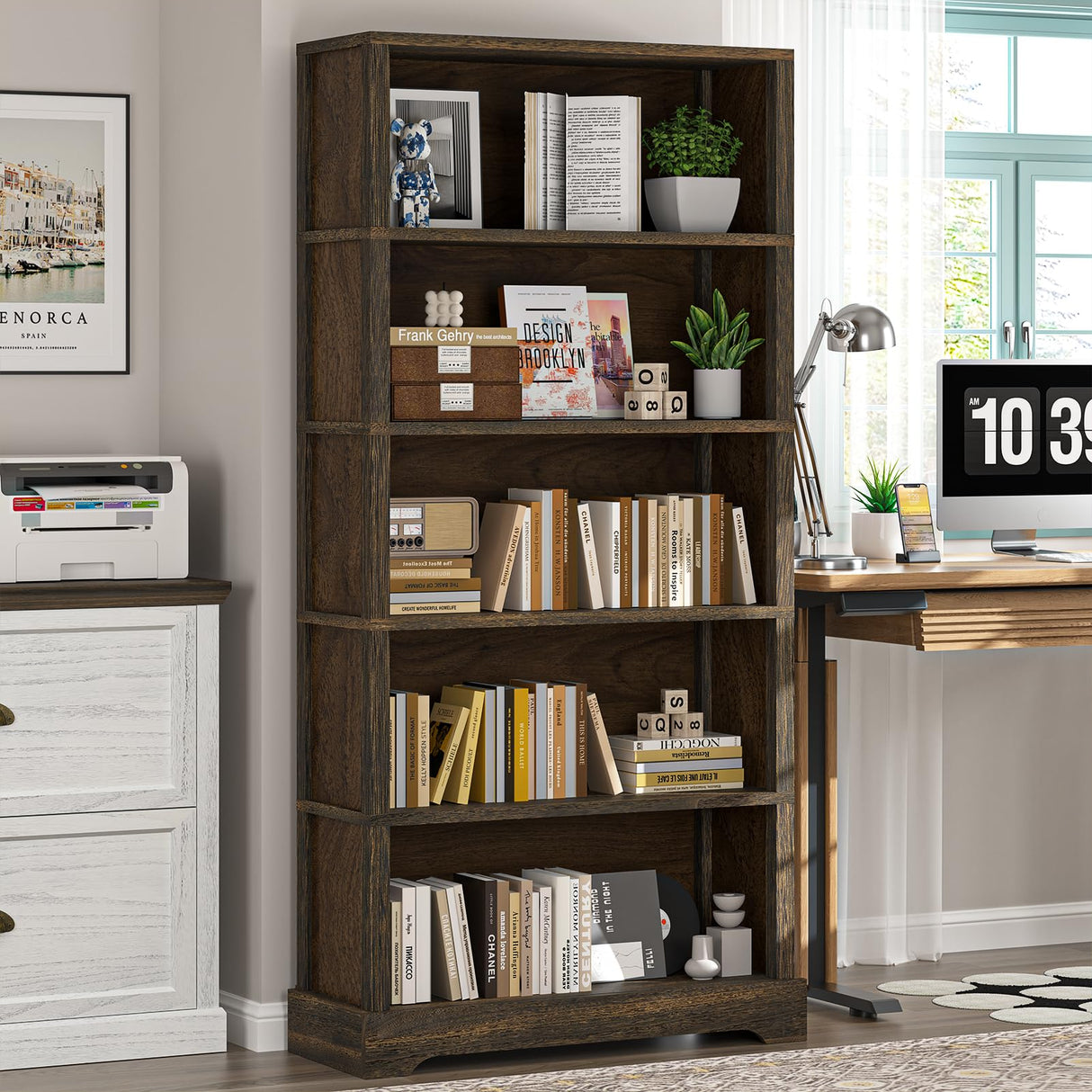 5-Shelf Wood Bookcase, 65 Inch Tall Bookshelf with Storage, Floor Standing Display Book Shelf (Rustic Brown) TVU