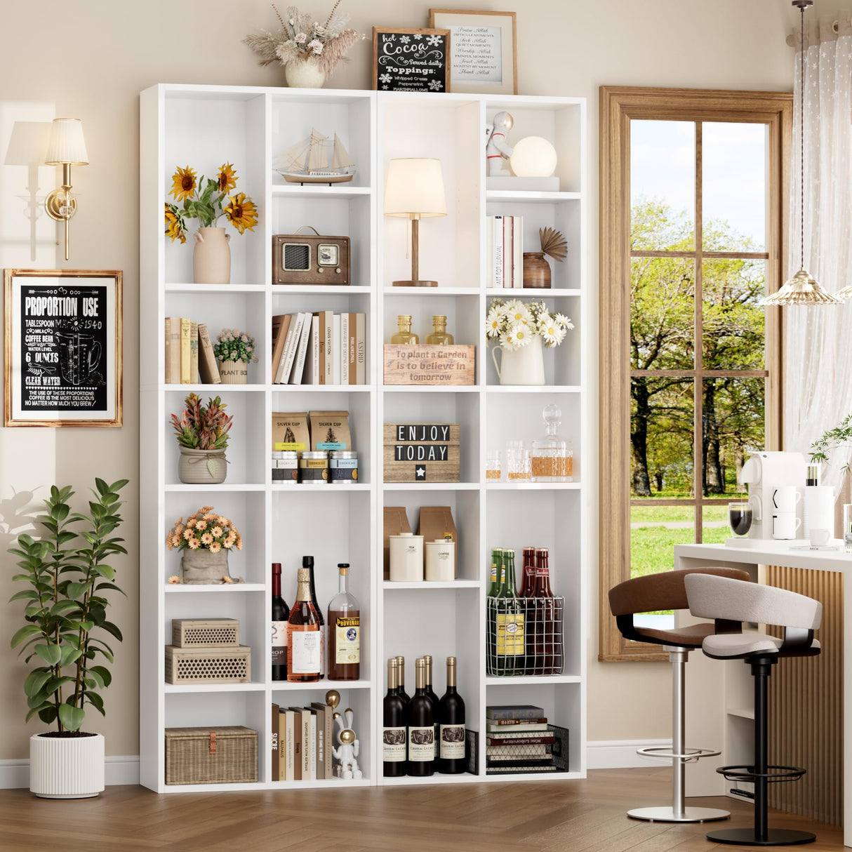 FOTOSOK 71'' Tall Bookshelf, Double Wide Media Tower Rack CD DVD Rack Display Cabinet with Adjustable Shelves, Tall Narrow Bookcase White Bookshelf Cube Shelf for Home Office, White FOTOSOK