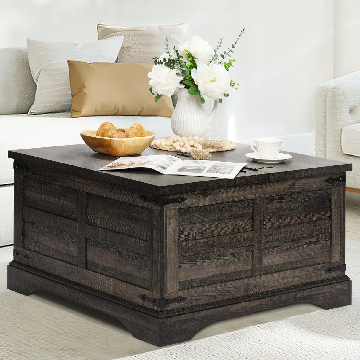 Wnutrees Farmhouse Coffee Table with Hinged Lift Top and Large Hidden Storage Compartment, Rustic Square Wood Central Table for Living Room, Bedroom, Home Office,Dark Wnutrees