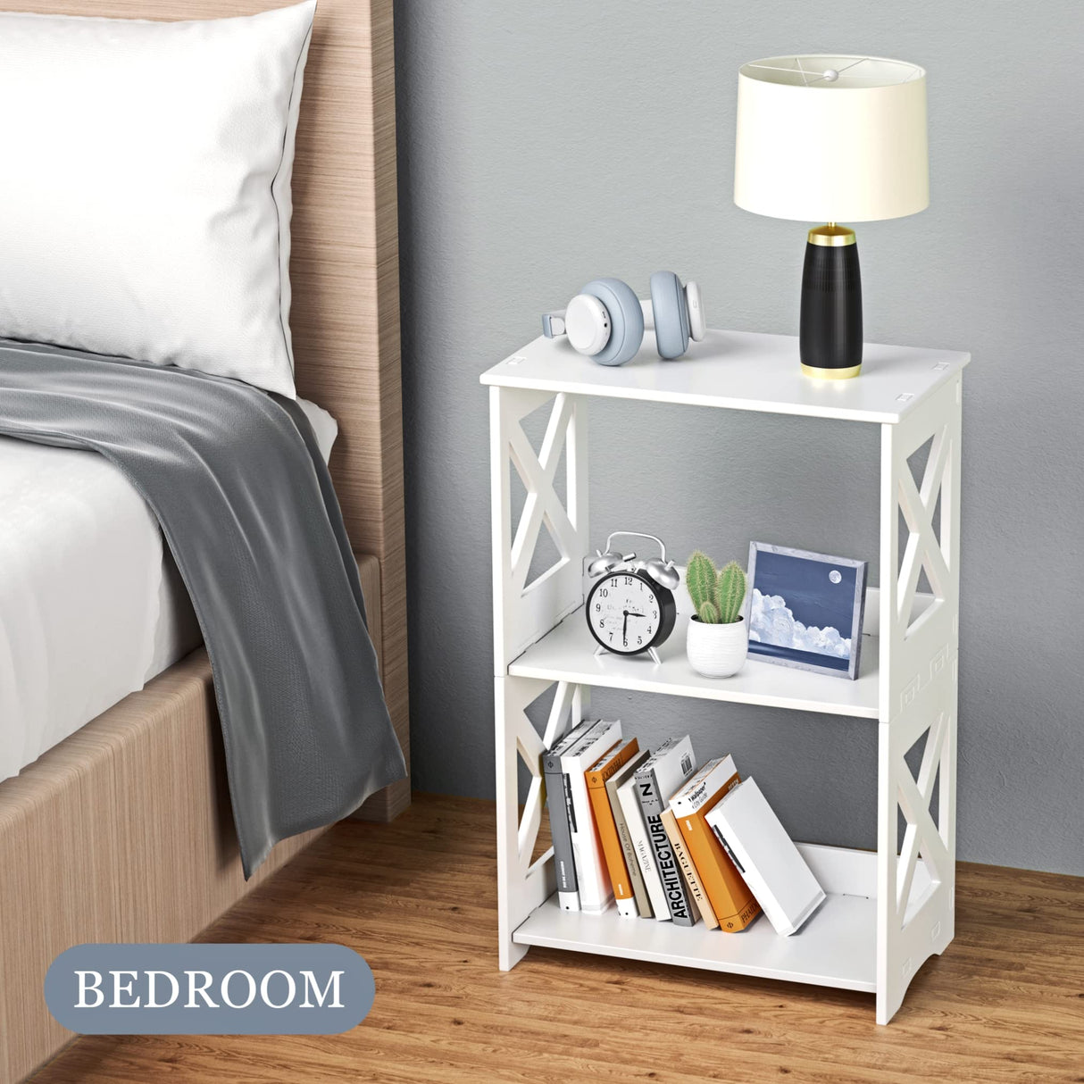BYFU 3-Tier Side Table Set of 2, Narrow End Table with Storage Shelf, White Nightstand Bedside Table Small Bookshelf Bookcase Display Rack for Bedroom Bathroom Living Room Office BYFU