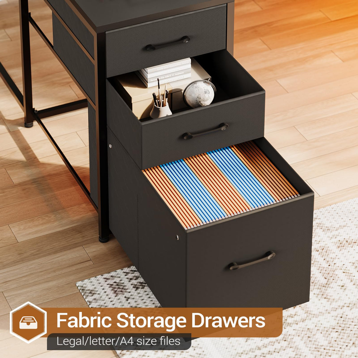 SEDETA L Shaped Gaming Desk, Reversible U Shaped Computer Desk with Power Outlet and Storage Shelves, Corner Gaming Desk with LED Lights, 3 Fabric Drawers, Black SEDETA