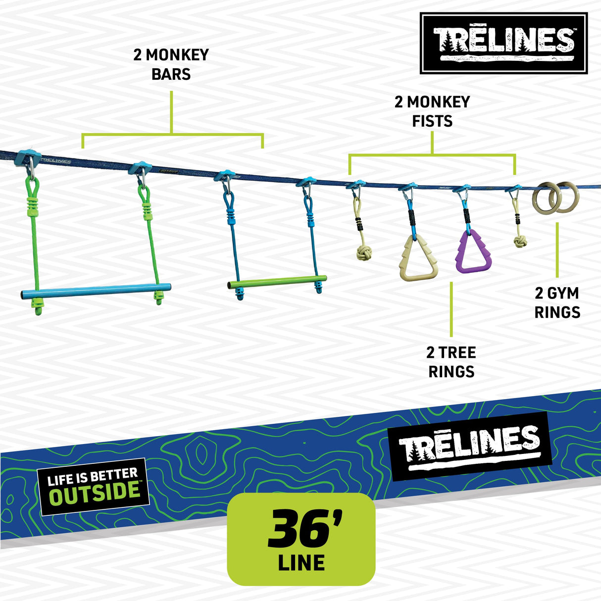 Trelines Ninja Warrior Obstacle Course for Kids, Most Attractive Lines and Gear for Backyard - 8 Ninja Obstacles - Monkey Bars, Gym Rings, Tree Rings, Fists. Great for Girls & Boys 5+ Get Outside Hape