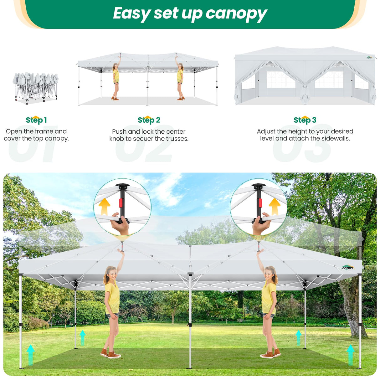 COBIZI Canopy 10x20 Pop Up Canopy Tent with 6 Sidewalls, One Push Party Tents for Parties Outdoor Wedding Waterproof Gazebo Commercial Event Tent with Sandbags, White COBIZI