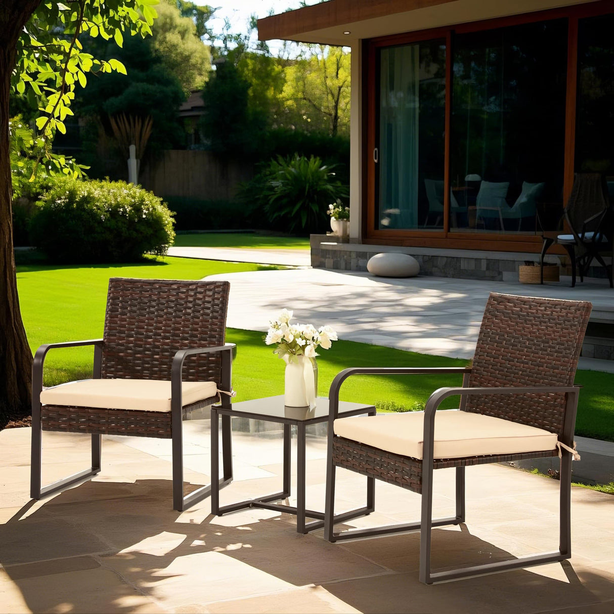 Bezseller 3 Piece Outdoor Patio Furniture Set, Patio Bistro Set Wicker Conversation Set, Modern Rattan Chair with Glass Coffee Table for Backyard, Porches, Poolside, Lawn and Balcony Bezseller