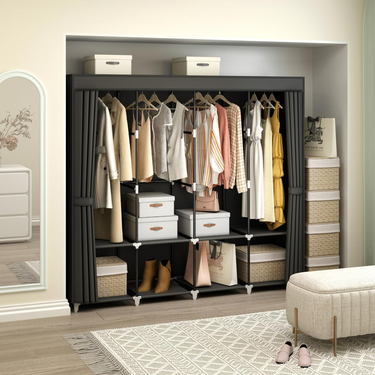 MOGELAFOO Portable Closet Wardrobe, 67-Inch Clothes Organizer with 4 Hanging Rods and 8 Shelves, Non-Woven Fabric Cover, Large Capacity Storage for Bedroom and Living Room, Black MOGELAFOO