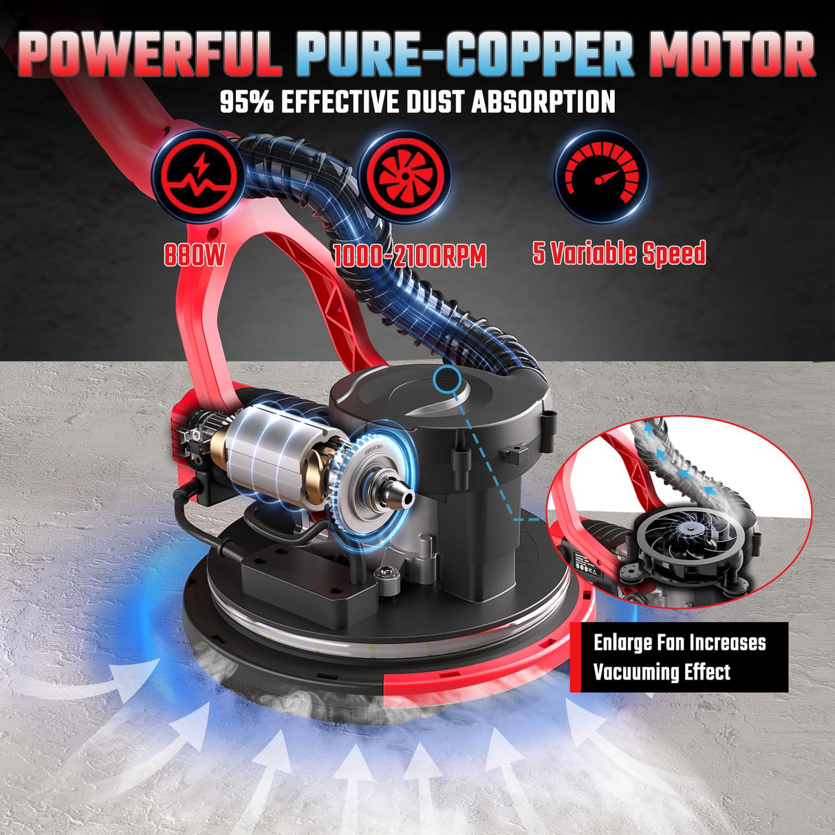 Drywall Sander, Electric Drywall Sander with Vacuum Dust Collection 7.33-Amp 880W, Floor Sanders 5 Variable Speed 1000-2100RPM with LED Light, 18Pcs Sanding Discs & 2Pcs Grid Sandpaper, Dust Mask—Red Revvstark