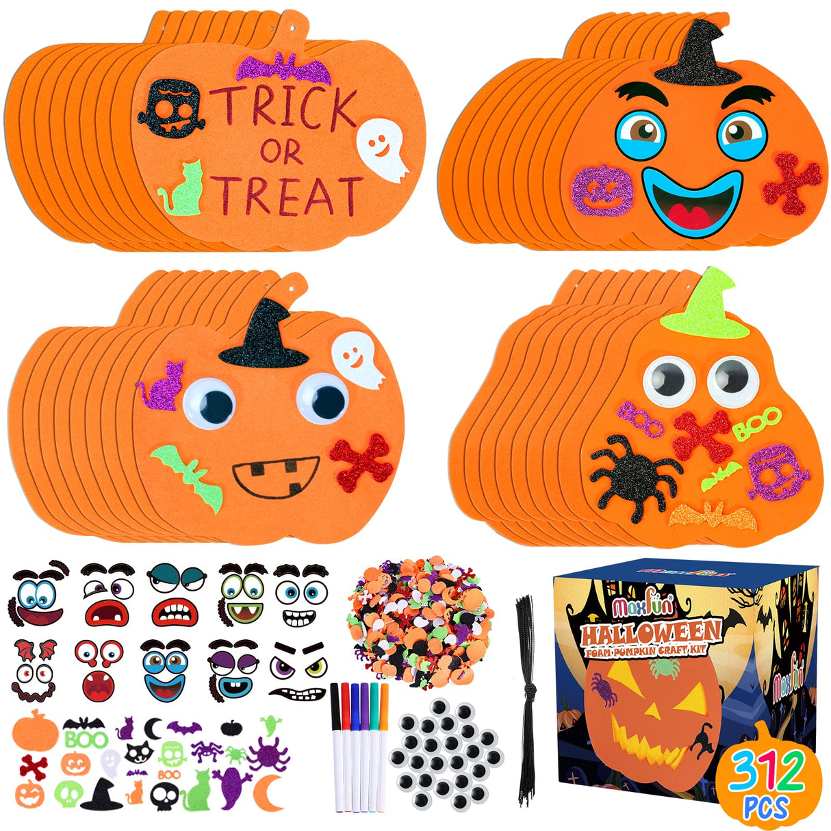 Max Fun 312PCS Halloween Pumpkin Foam Stickers, Halloween Craft Kit for Kids Bulk Glitter Set DIY Self-Adhesive Halloween Decoration Max Fun