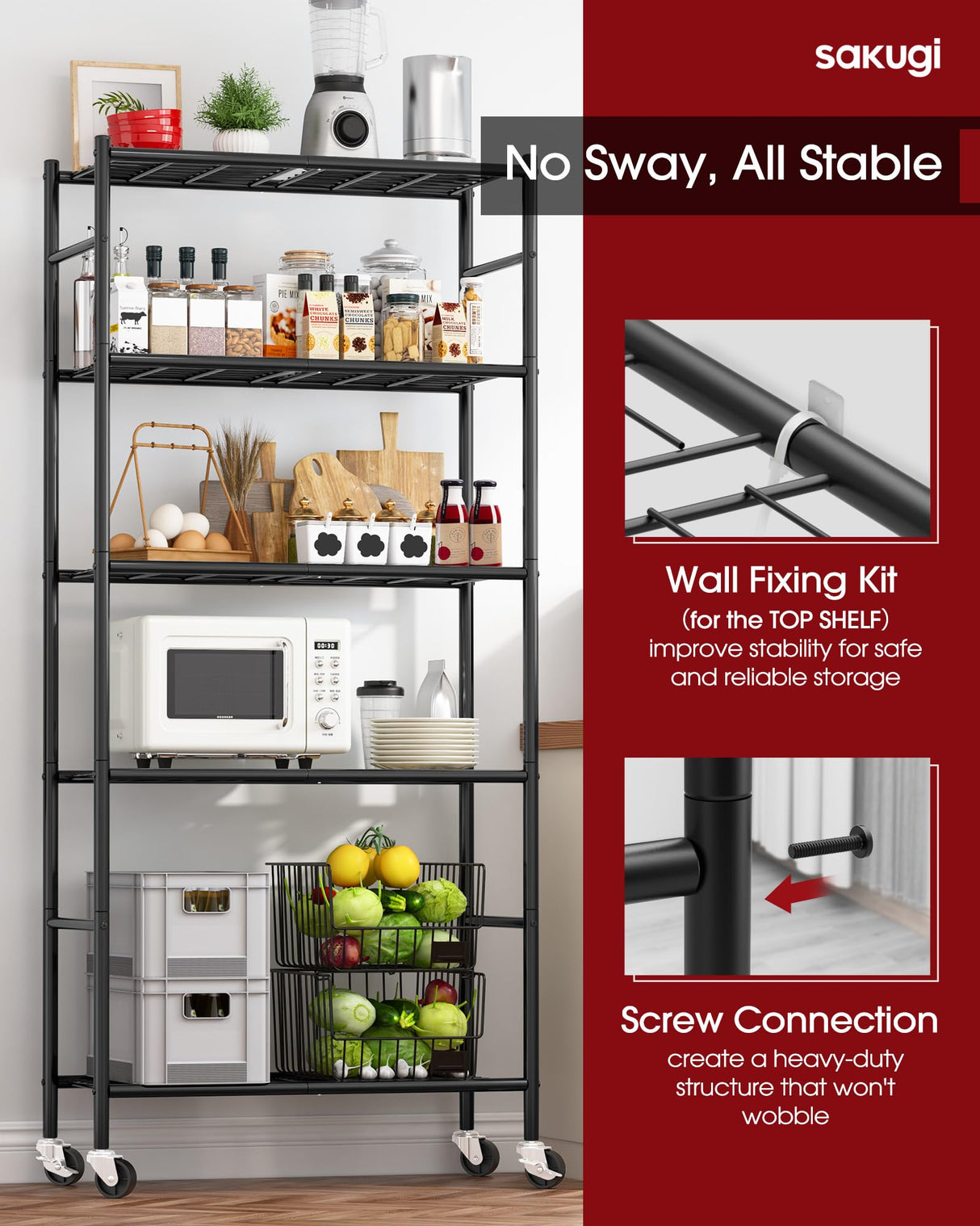 Sakugi Storage Shelves Organizer - 5 Tier Metal Shelf Organizer with Metal Wheels and Adjustable Leveling Feet, Heavy Duty Garage Shelving for Kitchen, Pantry and Closet, 33.1"x12.6"x73.5", Black Sakugi