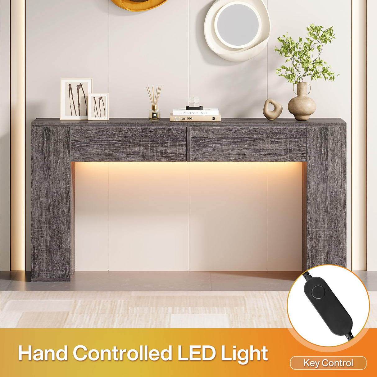 Condemo Farmhouse Console Table with LED Light and 2 Drawers, 55 inch Long Sofa Table Behind Couch, Narrow Entry Table for Entryway, Hallway, Entrance, Living Room (Gray Brown) Condemo