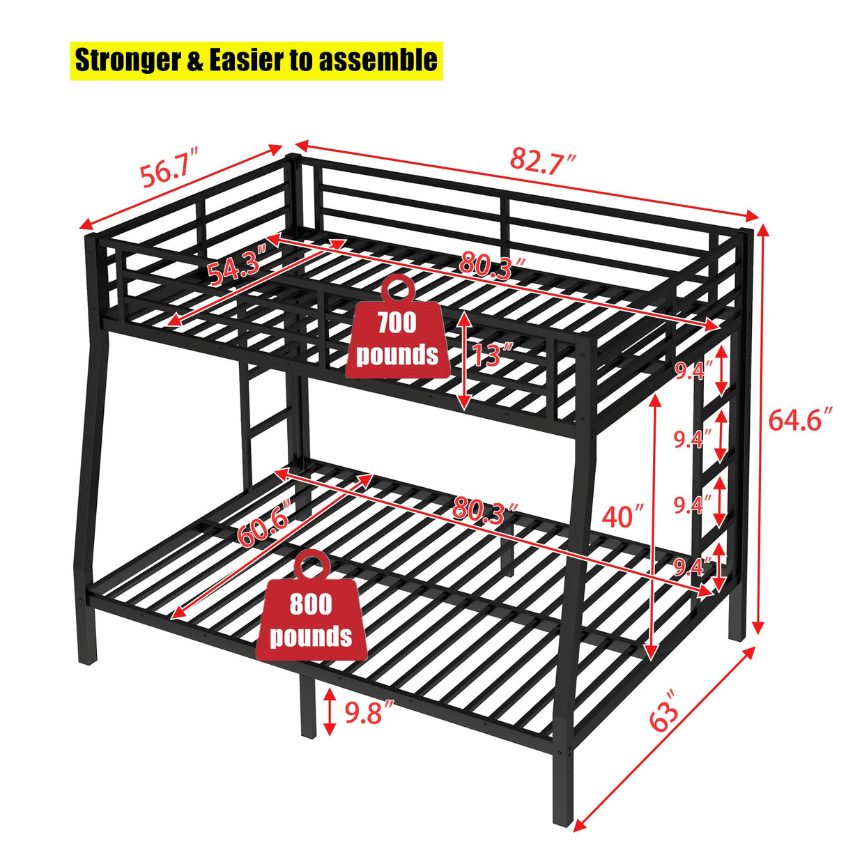 TIHWOALL Latest Upgrade & Stronger Full XL Over Queen Size Bunk Bed, Thickened More Rust-Proof Metal Heavy Duty Steel Bunkbed with Enhanced Legs & Slats (Easier Assembly) (Full XL Over Queen) TIHWOALL
