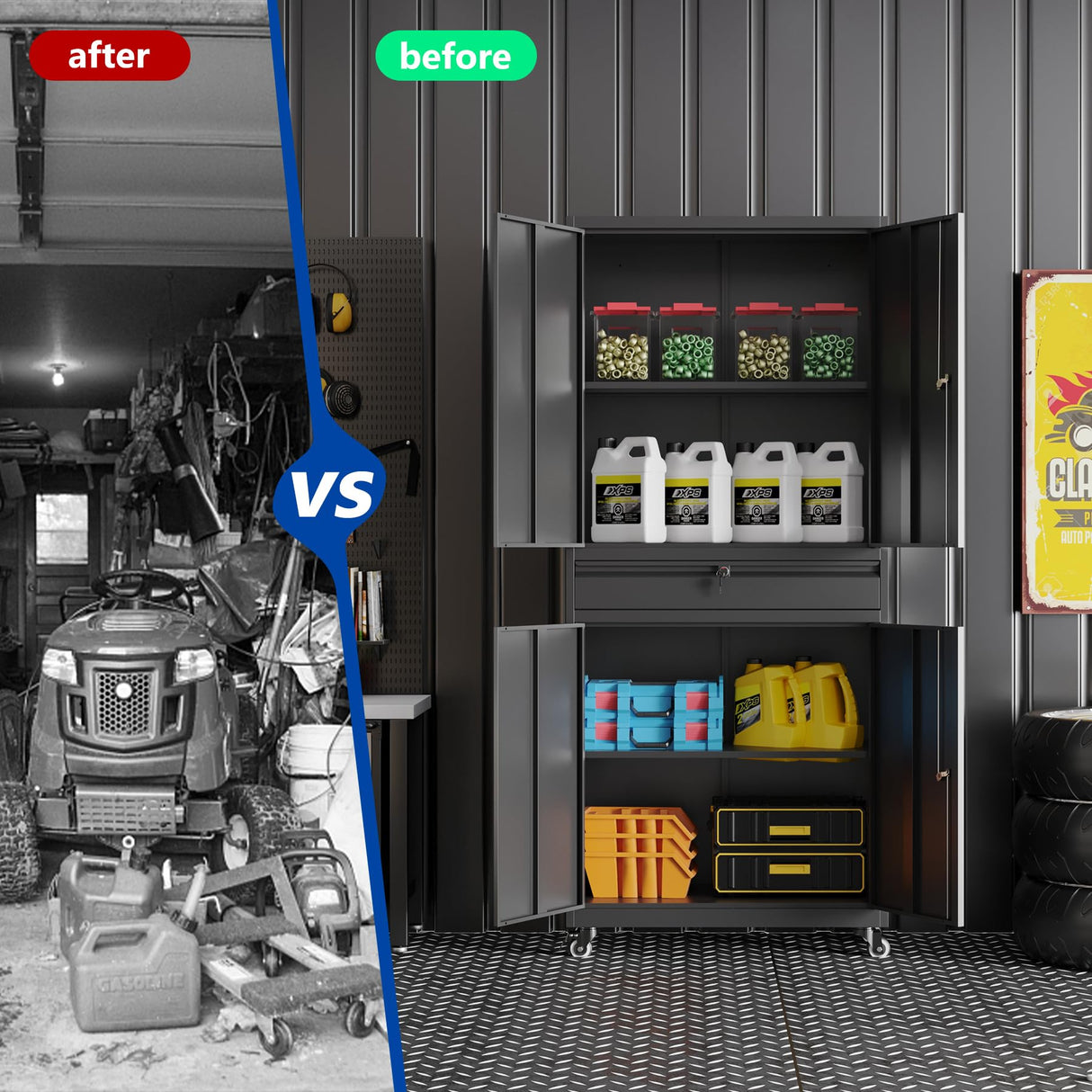 BYNSOE Metal Storage Cabinet with Wheels Metal Garage Cabinet with Adjustable Shelves Tool Storage Cabinet with 1drawer Steel Locker Cabinet with Lock for Home Garage (Black-73 4 casters) BYNSOE