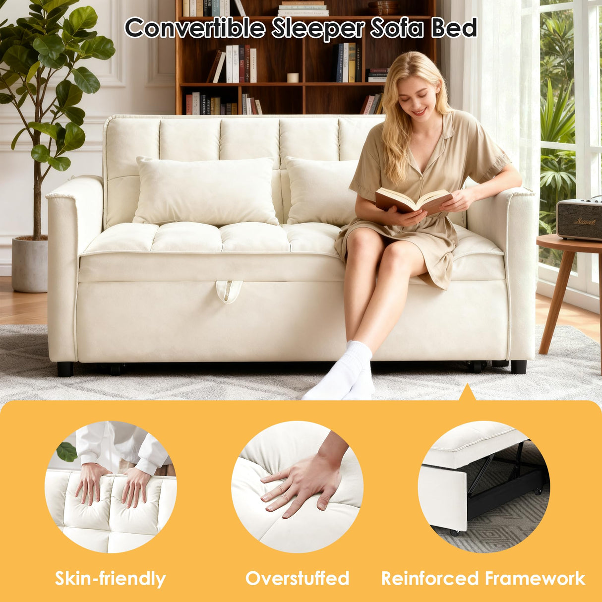 Dreamzie 3 in 1 Convertible Sleeper Sofa Bed, Pull Out Couch for Living Room with Side Pocket, Loveseat Sleeper with Adjustable Backrest (Fabric, White) Dreamzie