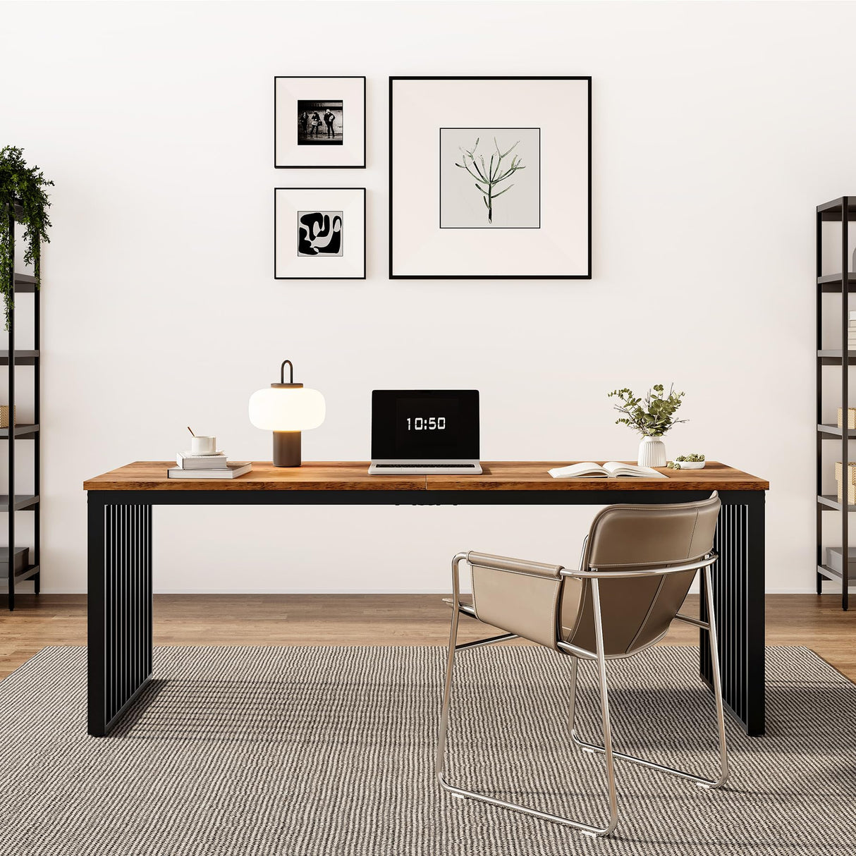 LITTLE TREE Two Person Desk, 78.74" Extra Long Computer Desk for 2 People, Rustic Brown Wooden Double Study Desk with Black Heavy Duty Metal Legs, Large Business Workstation for Home Office LITTLE TREE