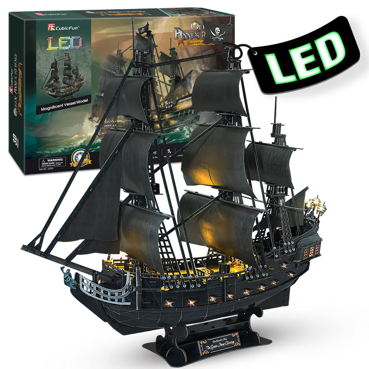 3D Puzzles for Adults Home Decor Pirate Ship Gifts for Men Women Model Kits Brain Teaser Puzzles for Adults Teacher Gifts,Queen Anne's Revenge 340 Pcs CubicFun