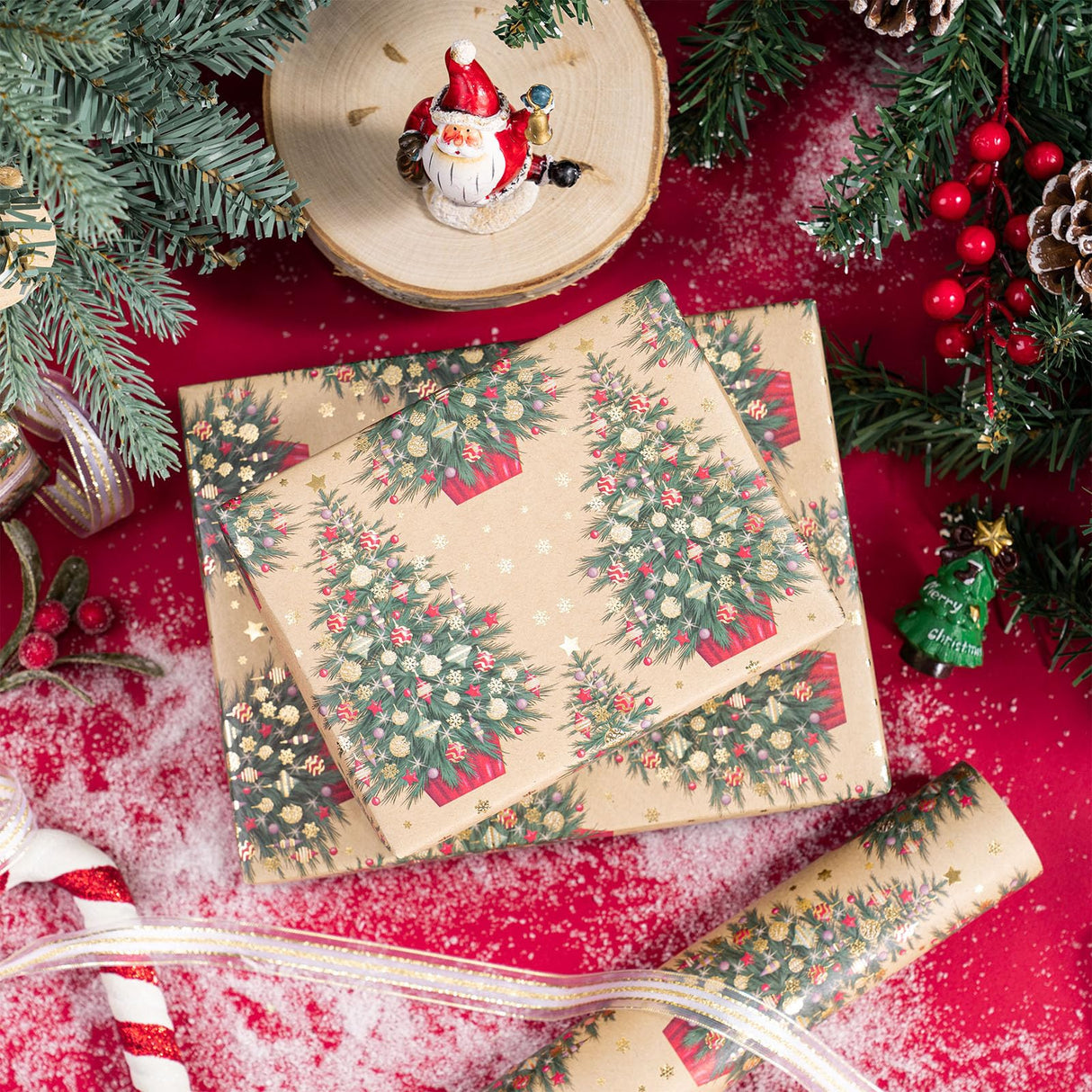 RUSPEPA Christmas Wrapping Paper Roll Gift Wrap - Mini Roll - Gold Foil Christmas Tree Kraft Wrapping Paper Roll, Great for Christmas, Winter and Holidays - 17 Inches X 16.4 Feet RUSPEPA