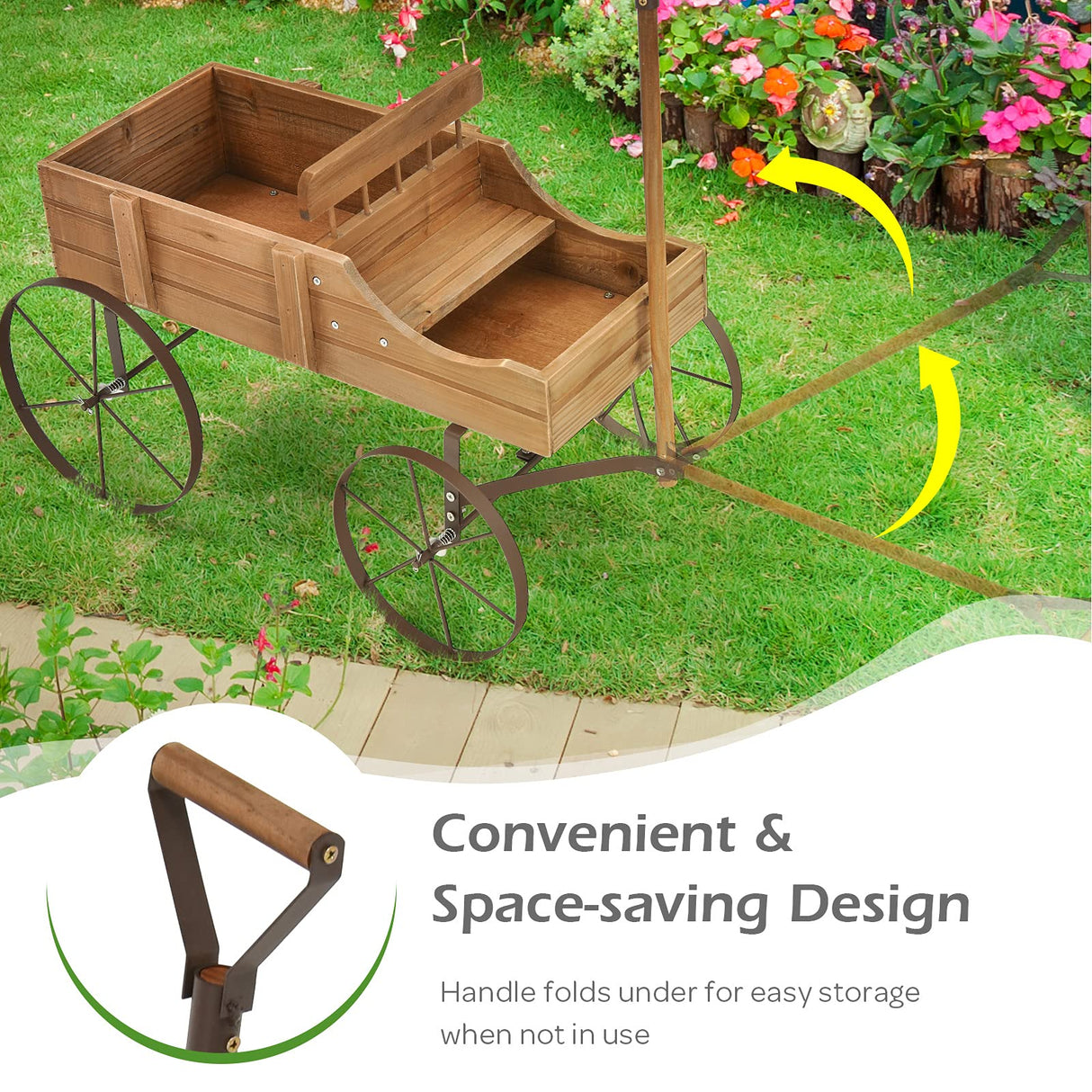Giantex Decorative Garden Planter, Small Wagon Cart with Metal Wheels, Wood Raised Beds Plant Pot Stand for Backyard Garden Patio 24.5"x13.5"x24" (Natural) Giantex