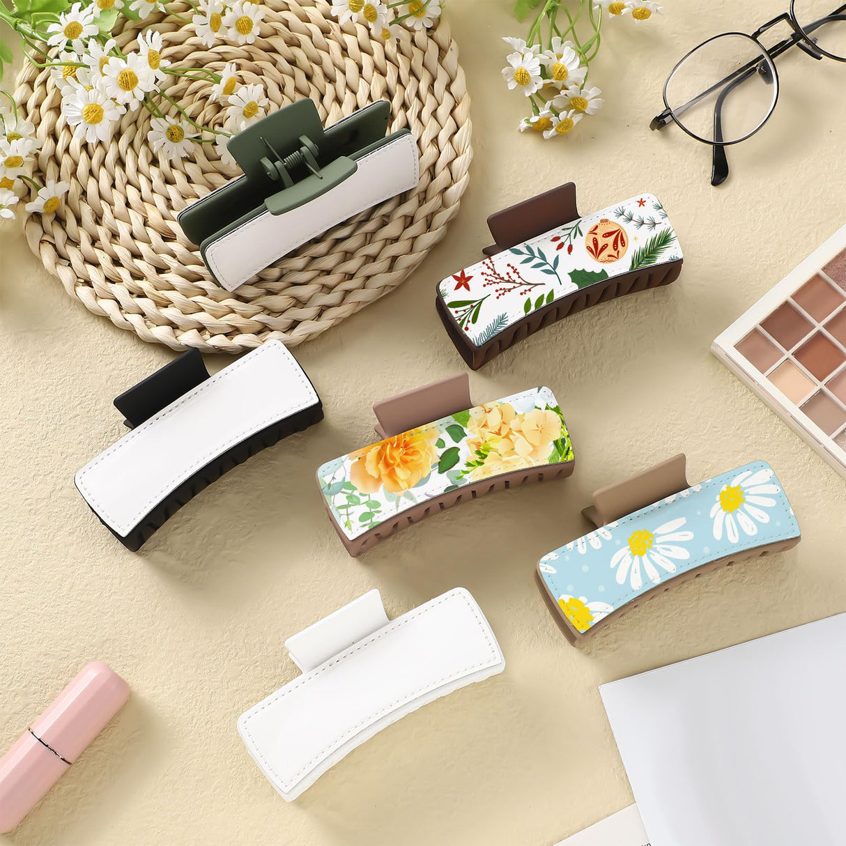 Yuxung 12 Pcs Hair Claw Clips Cover Sublimation Blanks with 6 Pcs Hair Claw Clips Sublimation Hair Claw Clips Cover Blanks 4" 4.1" 4.2", PU Leather for Hair Clips and Claw Clips (Neutral Color) Yuxung