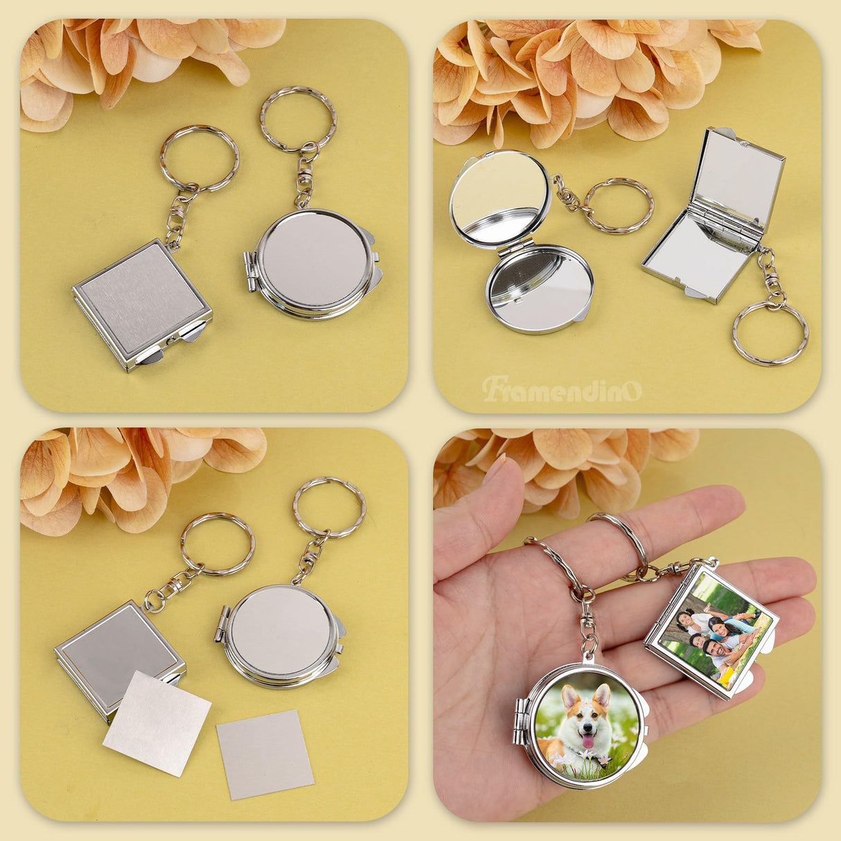 Framendino, 6 Pack Sublimation Compact Mirror Blanks Pocket Folding Mirror Keychain Double Sided for Purse Square Round Framendino