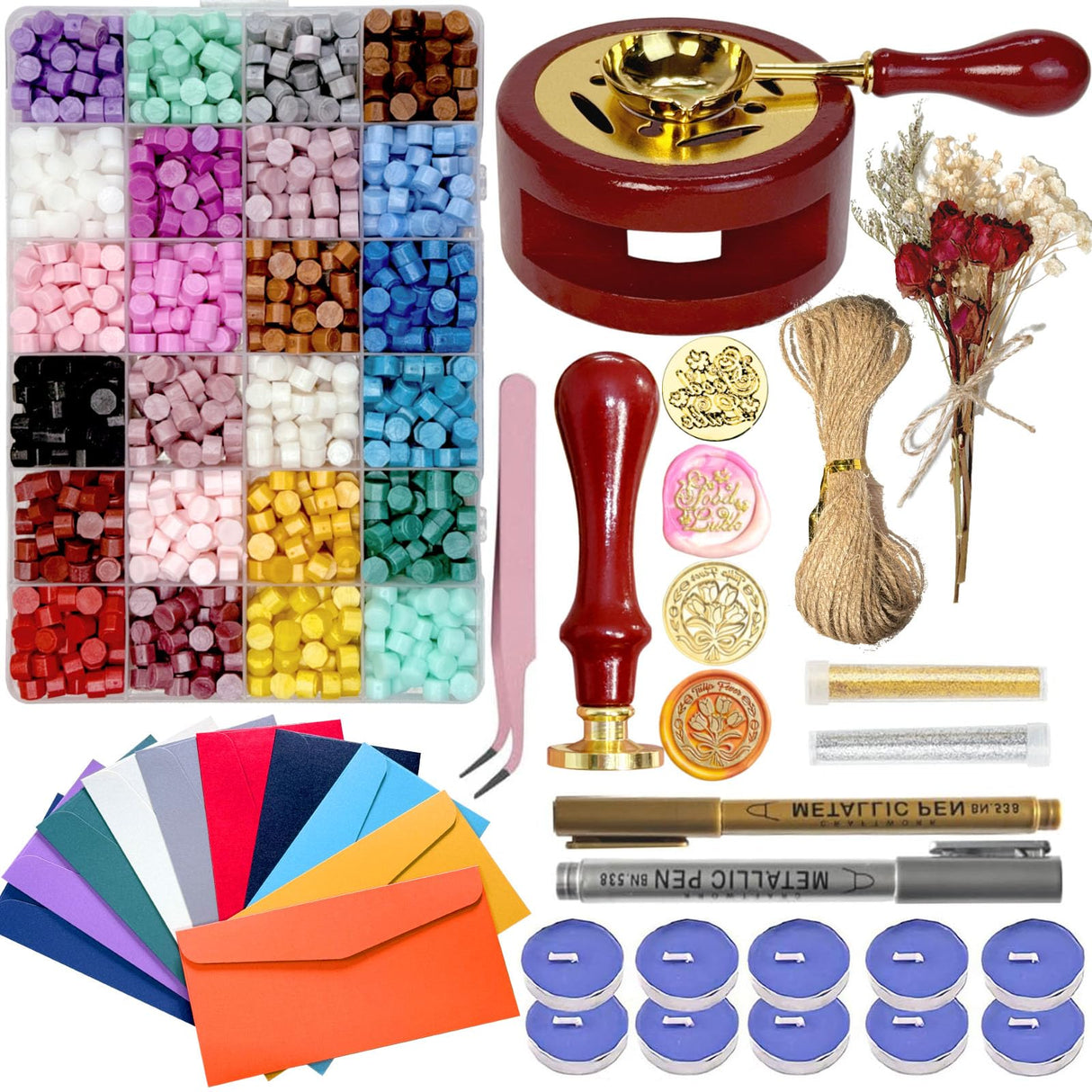 Wax Seal Kit, 24 Colors Sealing Beads, 2 Pcs Stamp,Sealing Wax Warmer, Metallic Pen, Envelope,Dried Flower,Candles for Wedding Birthday Gift and DIY Craft Xitalia