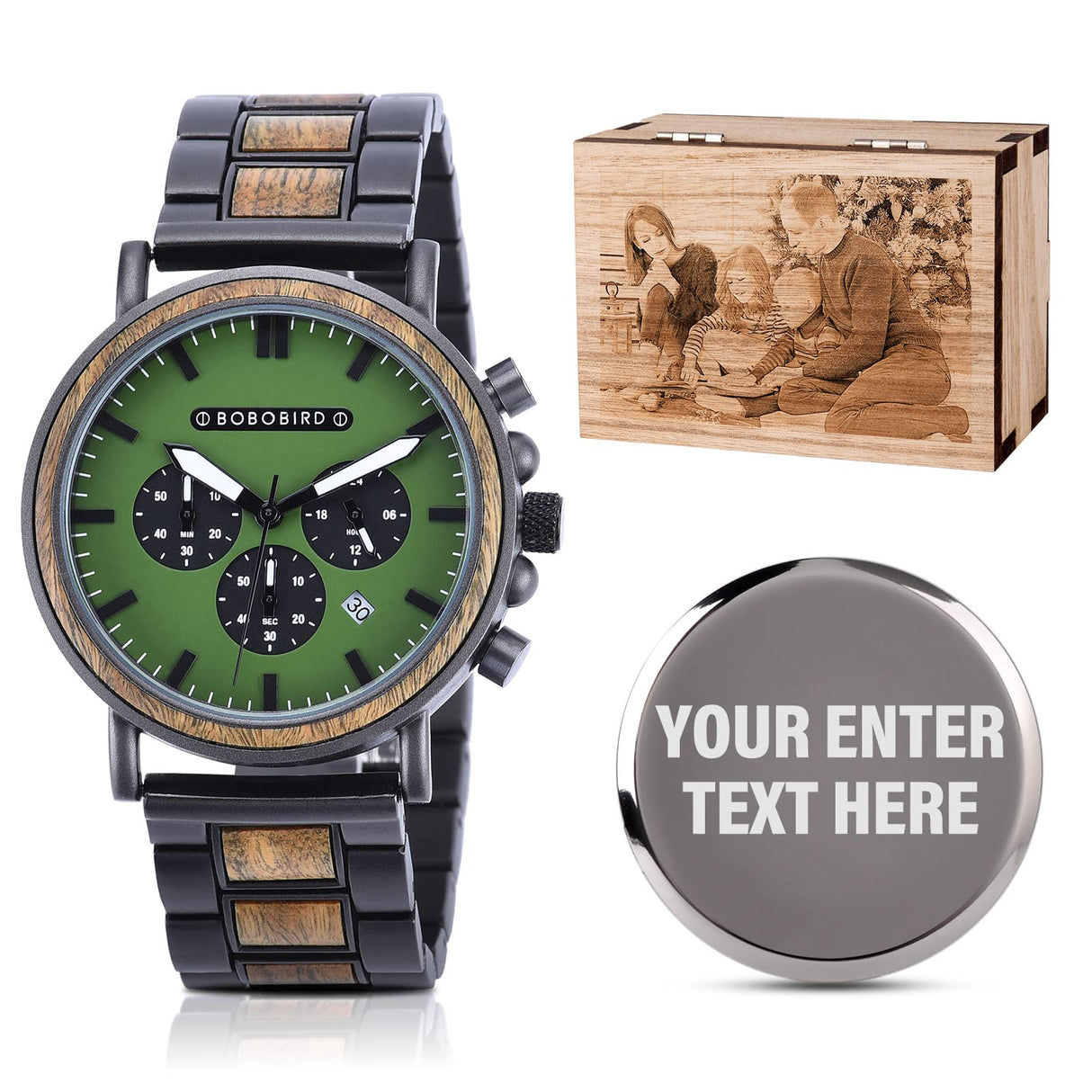 2win Engraved Wooden Watch Stylish Green Dial Design Personalized Wood Watches for Men Husband Boyfriend Fiancé Dad Customized Anniversary Birthday Watch (Custom Box Photo) 2win