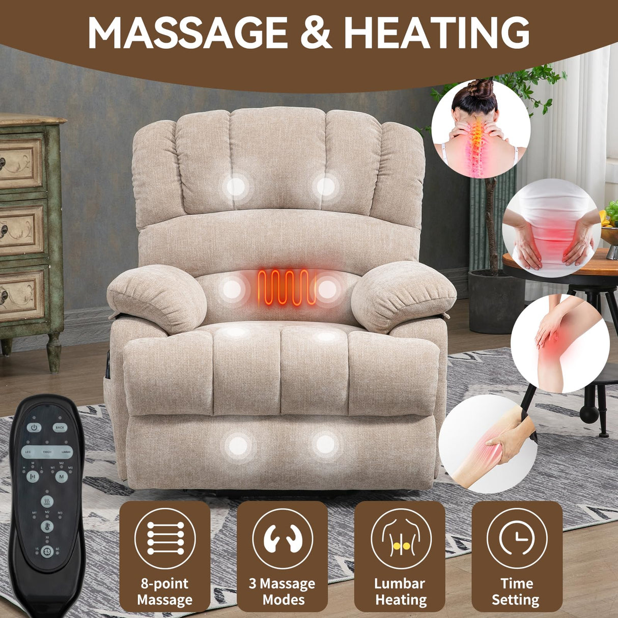 Large Power Lift Recliner Chair with Massage and Heat for Elderly, Ergonomic Backrest, Infinite Adjust, 2 Side Pockets,USB and Type-C Ports, Chenille Beige Luxlen
