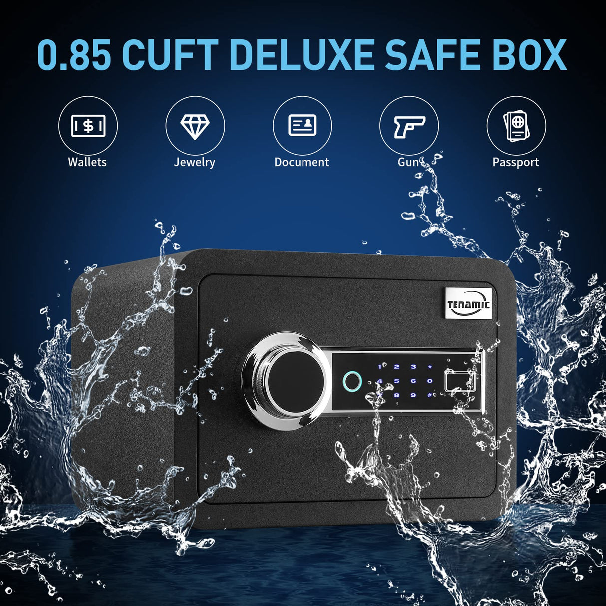 Tenamic Biometric Fingerprint Safe Box 0.85 Cubic Feet Fireproof Waterproof Safe Box with Induction Light and Leather, Solid Alloy Steel Office Hotel Home Cabinet Safe, Black Tenamic