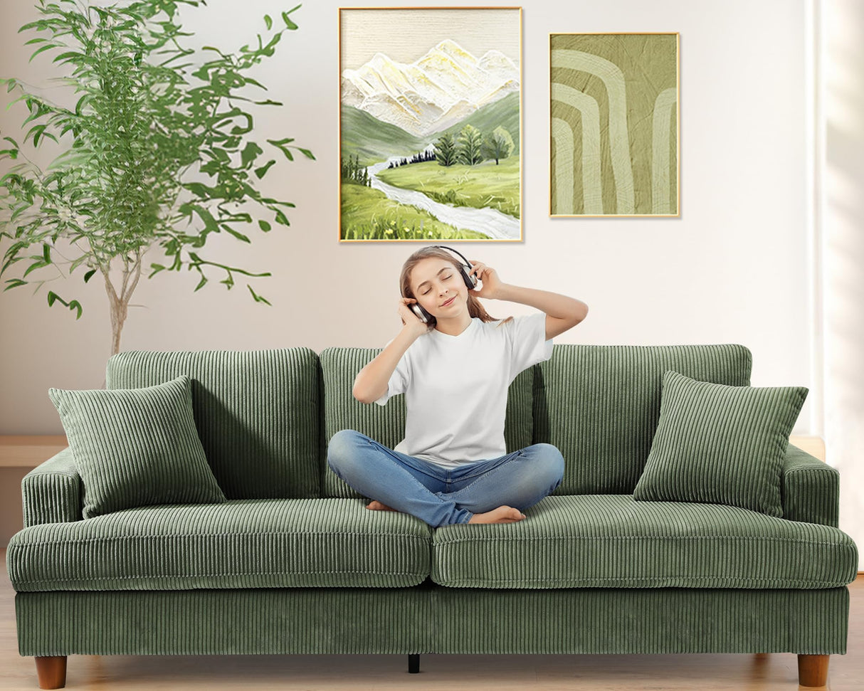 Kidirect 87in Green Sofa, Couches for Living Room 21in Extra Deep Seats, Comfy Corduroy Sofas for Living Room No Tool Assembly, Modern Oversized Love Seat with 2 Pillows, Sofa Couch for Bedroom Kidirect