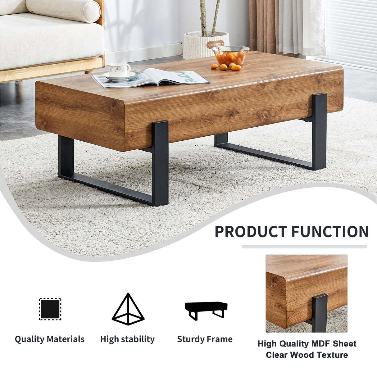 BFJDM 47.24'' Rustic Rectangle Coffee Table MDF Desktop with Metal Legs for Living Room Dining Room Bedroom Office BFJDM