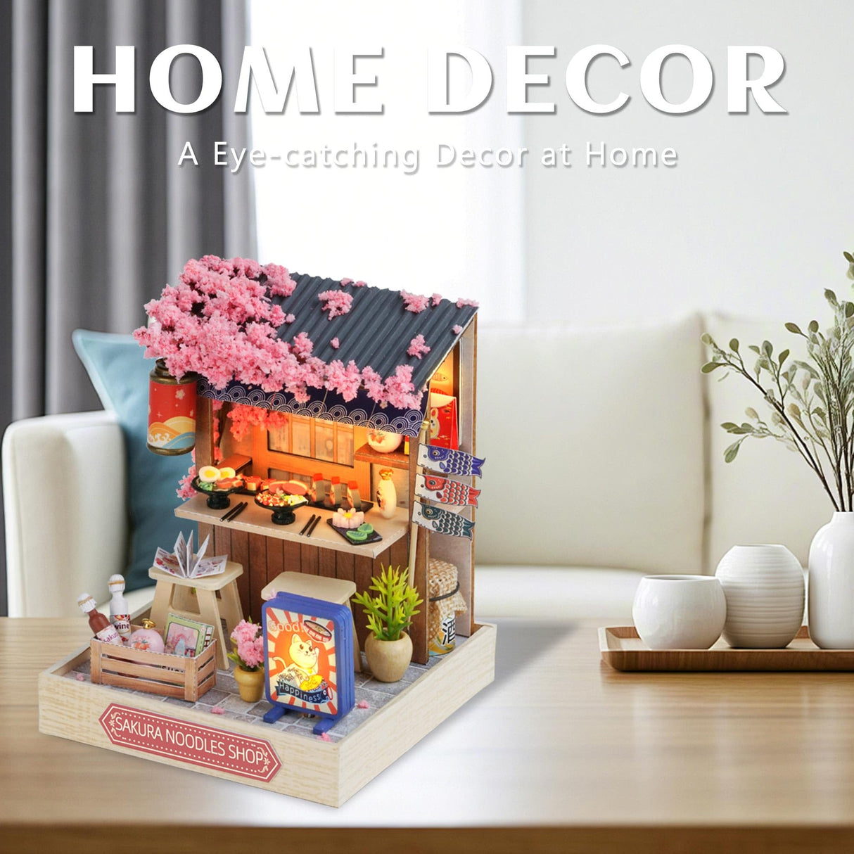 Kisoy Dollhouse Miniature with Furniture Kit, DIY 3D Wooden DIY House Kit with Dust Cover, Handmade Tiny House Toys for Teens Adults Gift (Sakura Noodles Shop) Kisoy