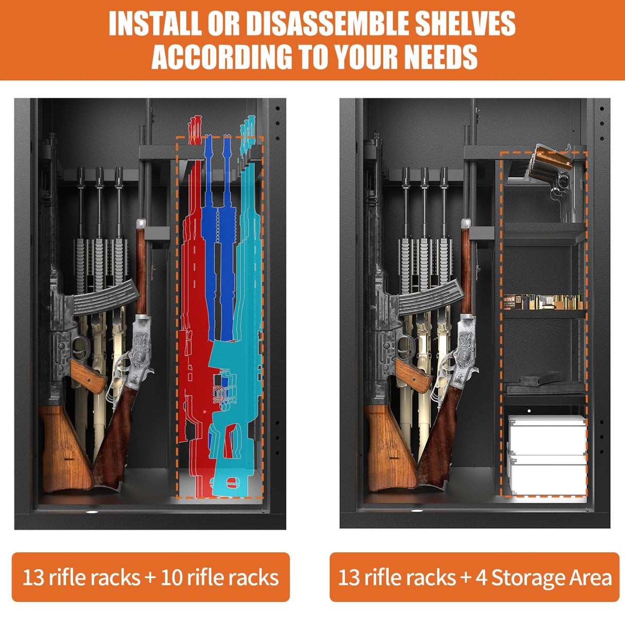 Large Rifle Safe, 30 Gun Safe for Rifle and Shotgun/Rifle Pistol Rack/Storage Pocket/Removable Shelf/Silent Mode/External Battery/LED/Key,180° Open Door Panel Organizer Gun Cabinet Safe Unassembled TTSITG