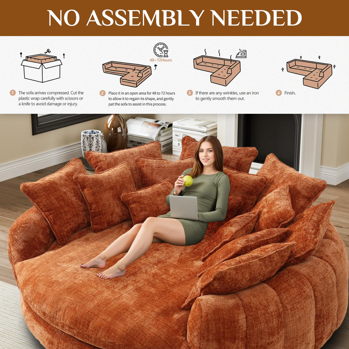 81” Oversized Upholstered Sofa Bed, Round Chaise Lounge Chair Indoor, Fluffy Plush Chaise Lounge, Modern Chenille Cloud Couch with Deep Seat, Comfy Bean Bag Chiar for Living Room Apartment, Orange BEQAI