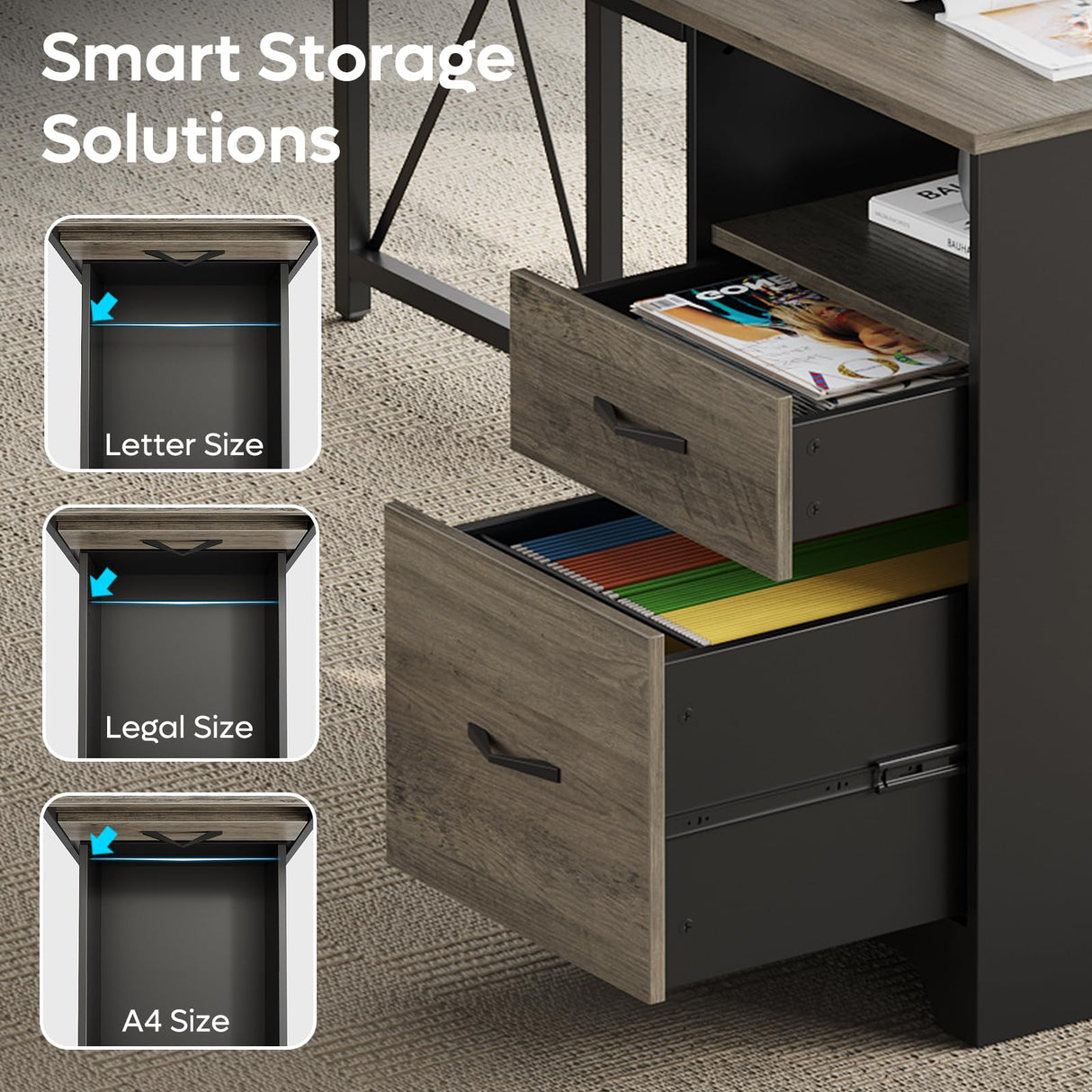 Bestier L Shaped Desk with 4 Drawers, 63" x 47" Executive Desk with Open Storage & Monitor Stand, Corner Desk with 2 File Drawers & Modesty Panel for Home Office, Gray Bestier