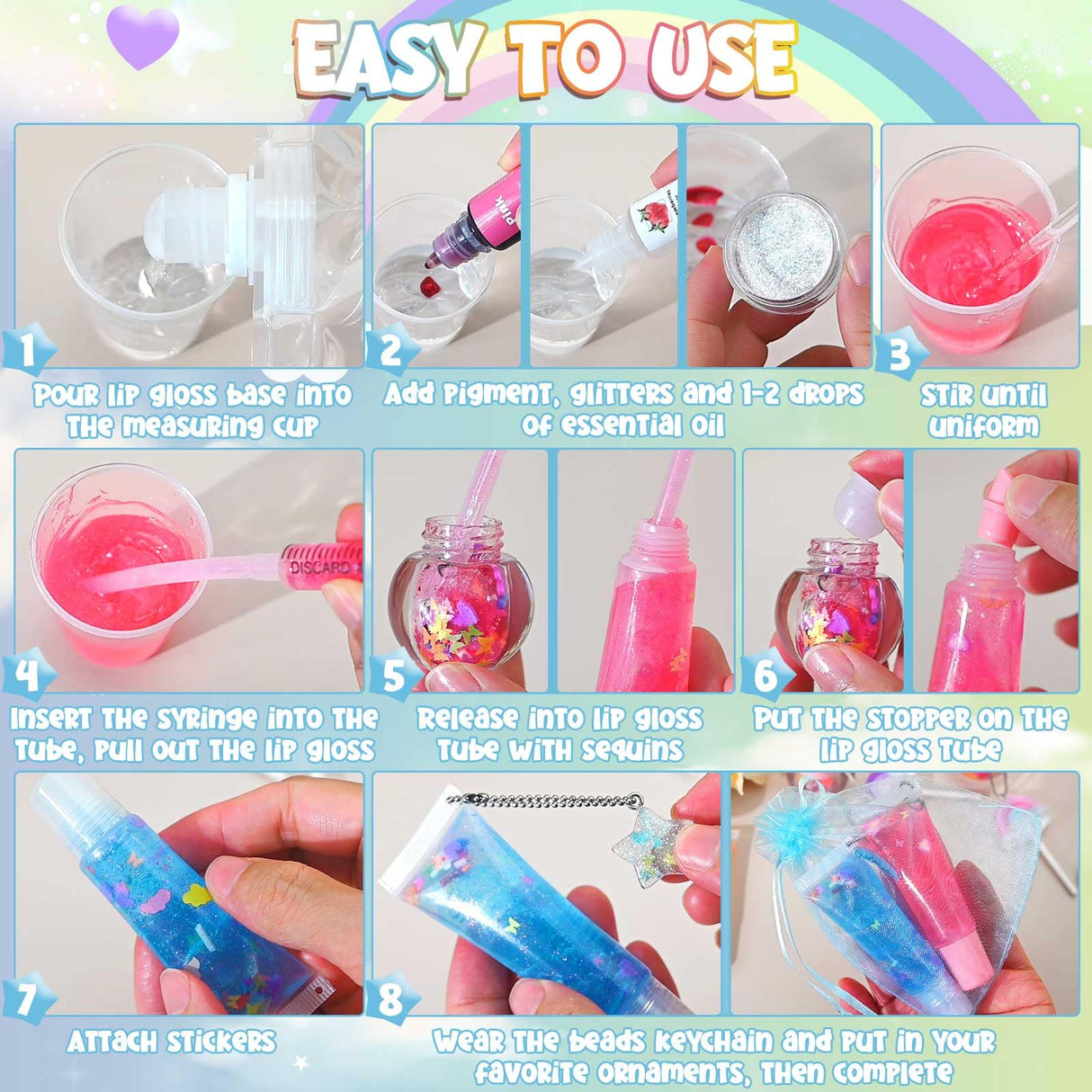 Jcoos Lip Gloss Making Kit - 73PCS Keychain DIY Lip Gloss, Shimmery Moisturizing Lip Glaze Handmade Set, Fun Craft Kit for Beginner, Women, Kids, Tween, Preteen, Teens Girl Gifts Trendy Stuff Jcoos