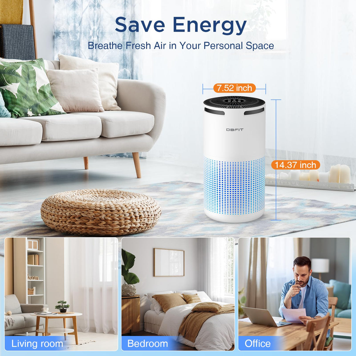 Air Purifiers for Home Large Room Up to 1500ft² with Aromatherapy, DBFIT H13 HEPA Air Purifier Air Cleaner for Smoke Pollen Dust Pet Hair Dander Odor, Portable Air Purifier with Timer (White) DBFIT