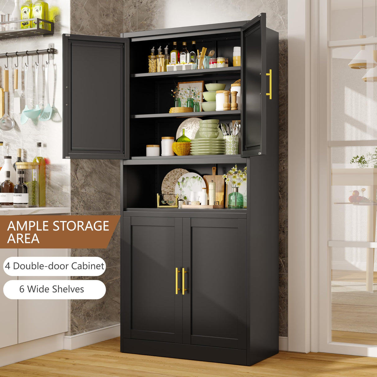 71”H Versatile Metal Pantry Storage Cabinet with Adjustable Shelves and Feet - Black 4-Door Design erosoei