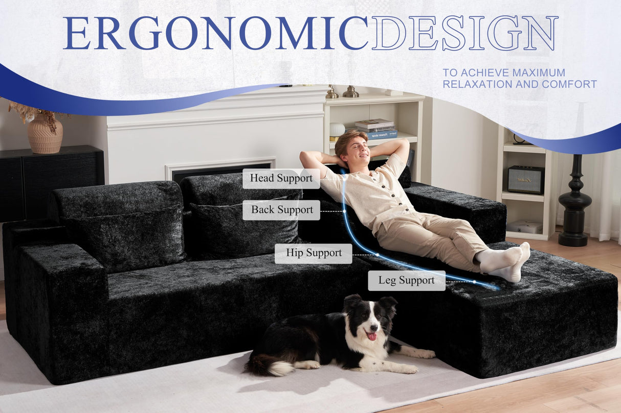 HABUTWAY 105" L-Shape Modular Sectional Sofa Couch for Living Room,No Assembly Required,Modular Comfy Sofa with Deep Seat for Living Room Bedroom,Luxury Distressed Velvet(Right,Black) HABUTWAY