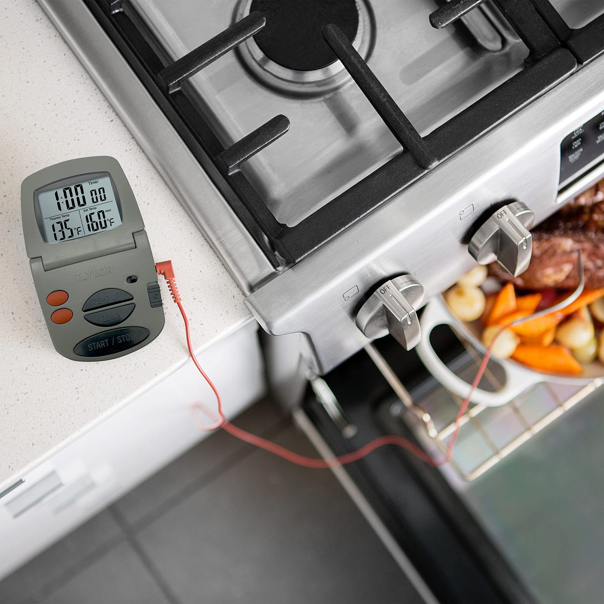 Taylor Programmable with Timer Instant Read Wired Probe Digital, Meat, Food, Grill BBQ Cooking Kitchen Thermometer with Timer, Gray Taylor