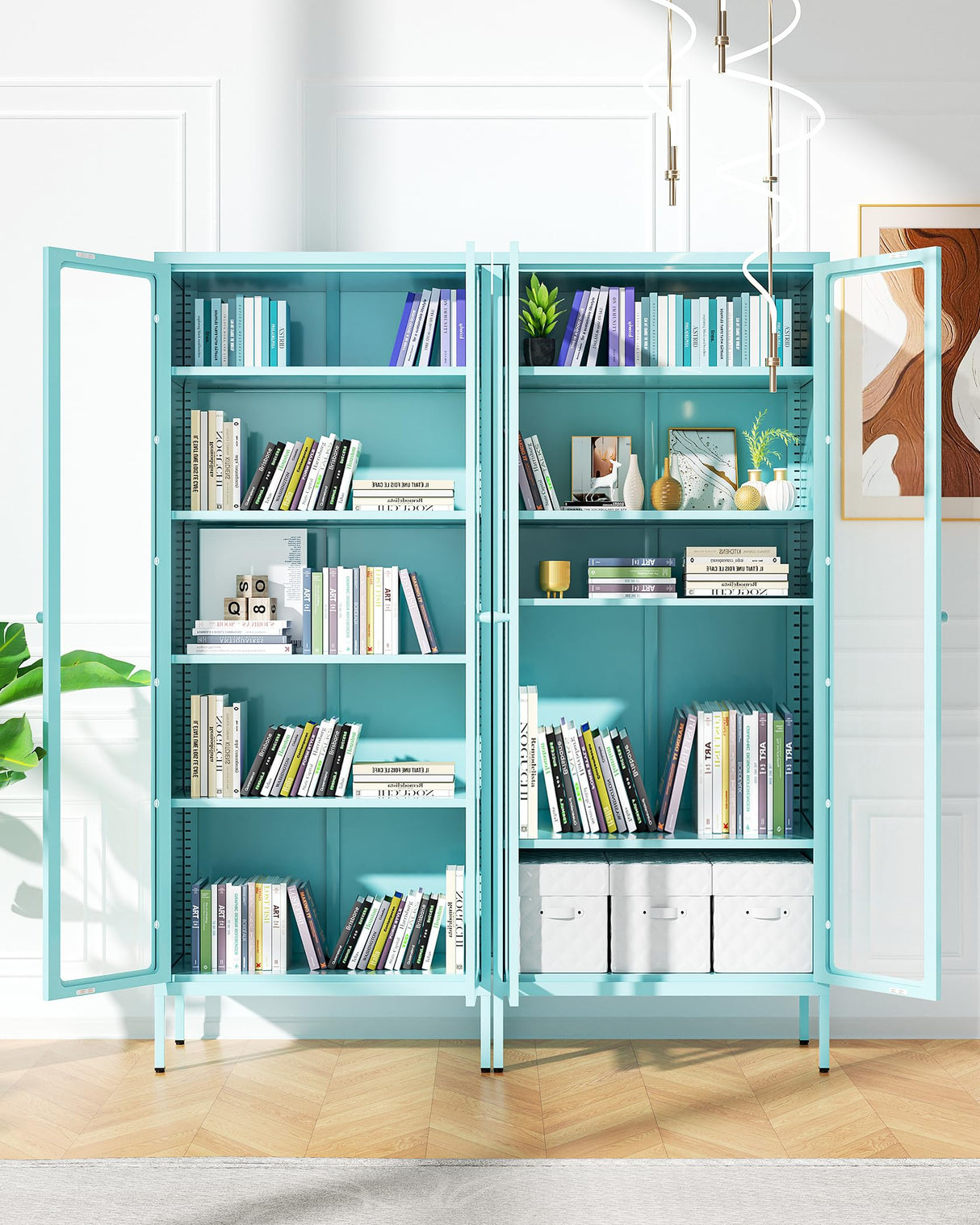 Bonusall Display Cabinet with Glass Doors,67” Metal Display Curio Cabinet with Glass Doors and 4 Adjustable Shelves for Collectibles,Home Office,Living Room,Gaming Room(Blue) Bonusall