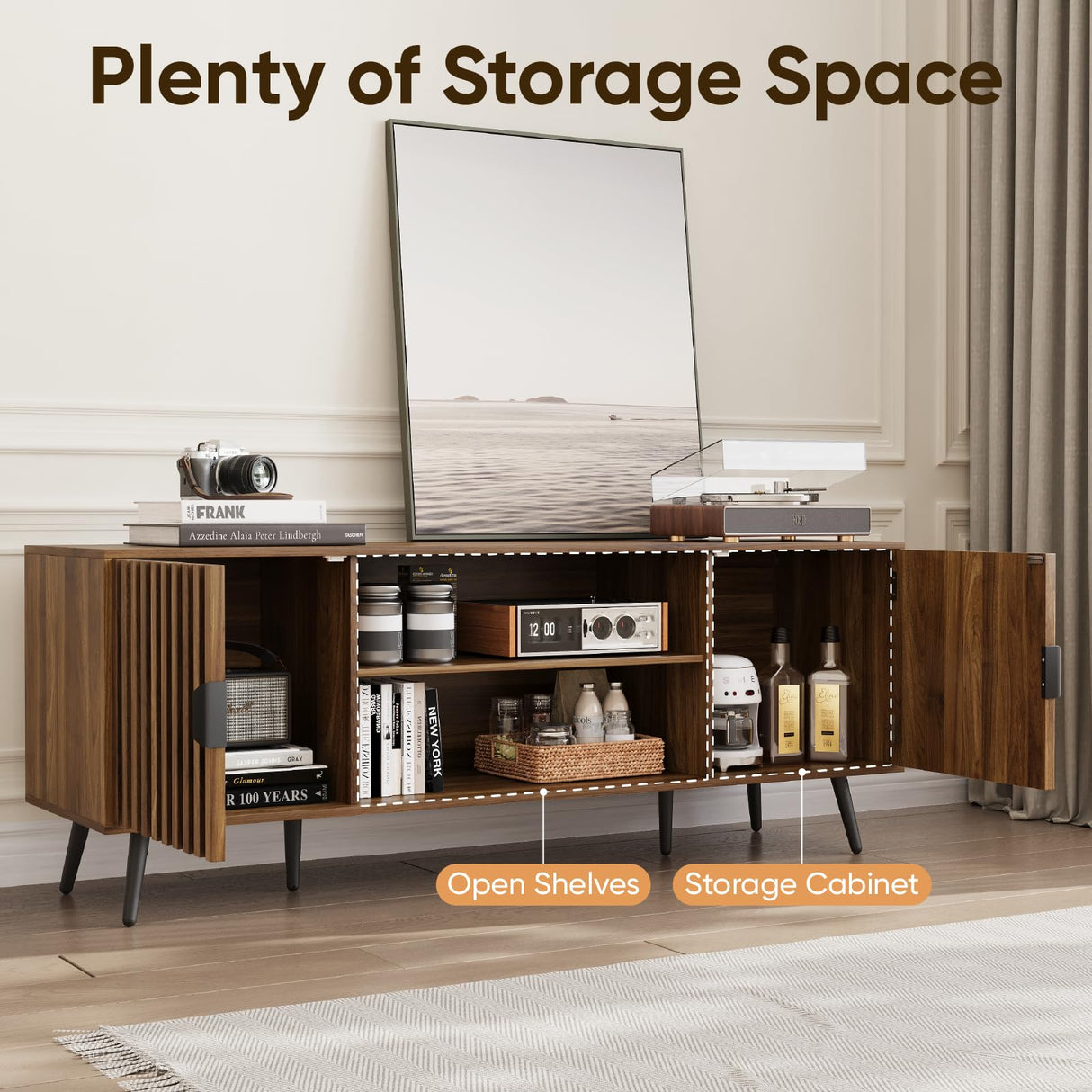 Smart FENDEE 53“ Walnut Fluted TV Stand with 2 Cabinets, Modern TV Consoles with Adjustable Shelf, Entertainment Center Fits 30" to 60" TV for Living Room, Bedroom Smart FENDEE