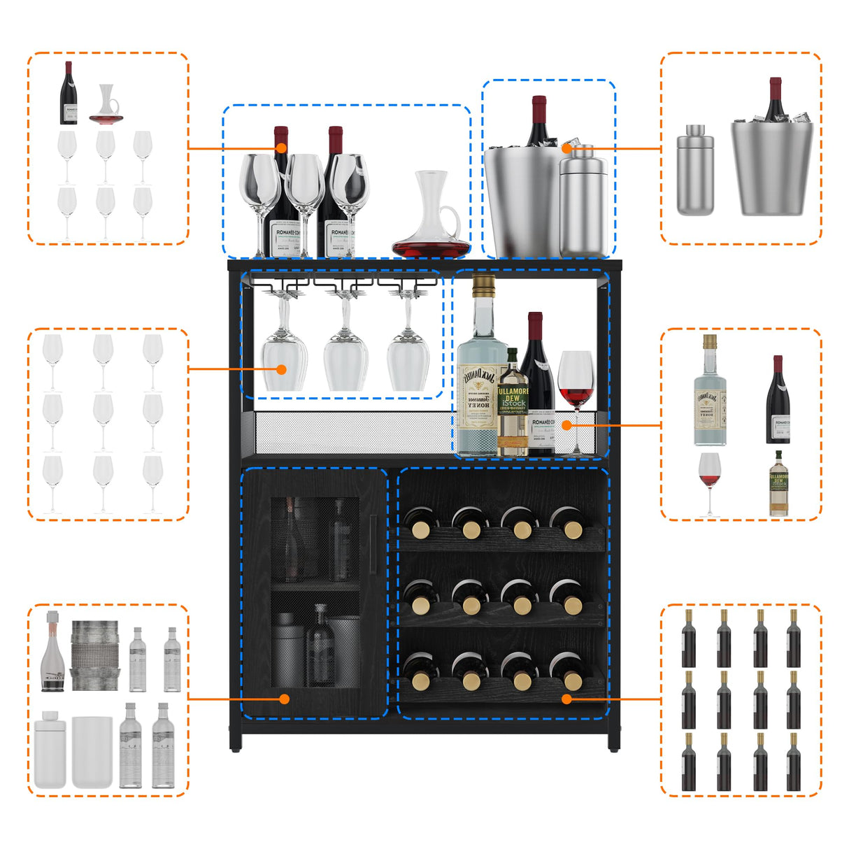 GarveeHome 3-Tier Wine Bar Cabinet with LED Lights, Detachable Wine Rack and Storage Space, Buffet Cabinet with Glass Holder and Mesh Door, for Kitchen, Living Room and Bar, Black GarveeHome