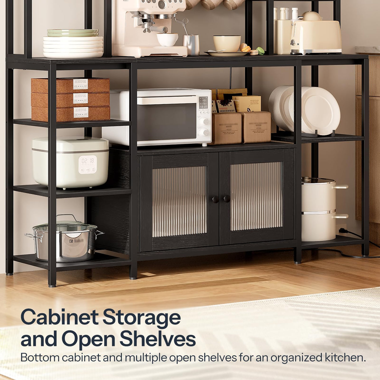 HOOBRO Bakers Rack with Power Outlet and LED Light, 59.1'' Industrial Microwave Stand, Coffee Bar Cabinet with Storage, Goblet Holder & 6-S Hooks, Kitchen Storage Shelf with Cabinet, Black BB17UDHB01 HOOBRO