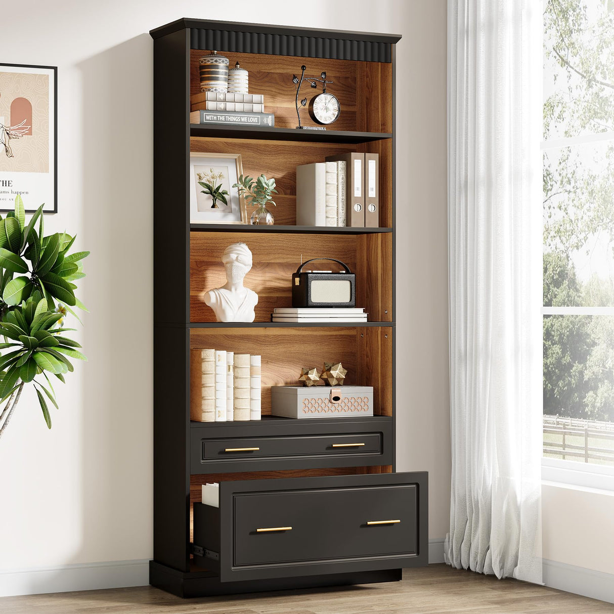 Tribesigns 5-Shelf Bookcase with File Cabinet Drawer, 72" Tall Bookshelf, Modern Free-Standing Wood Bookcase, Large Open Display Storage Book Shelf for Living Room (1, Black) Tribesigns