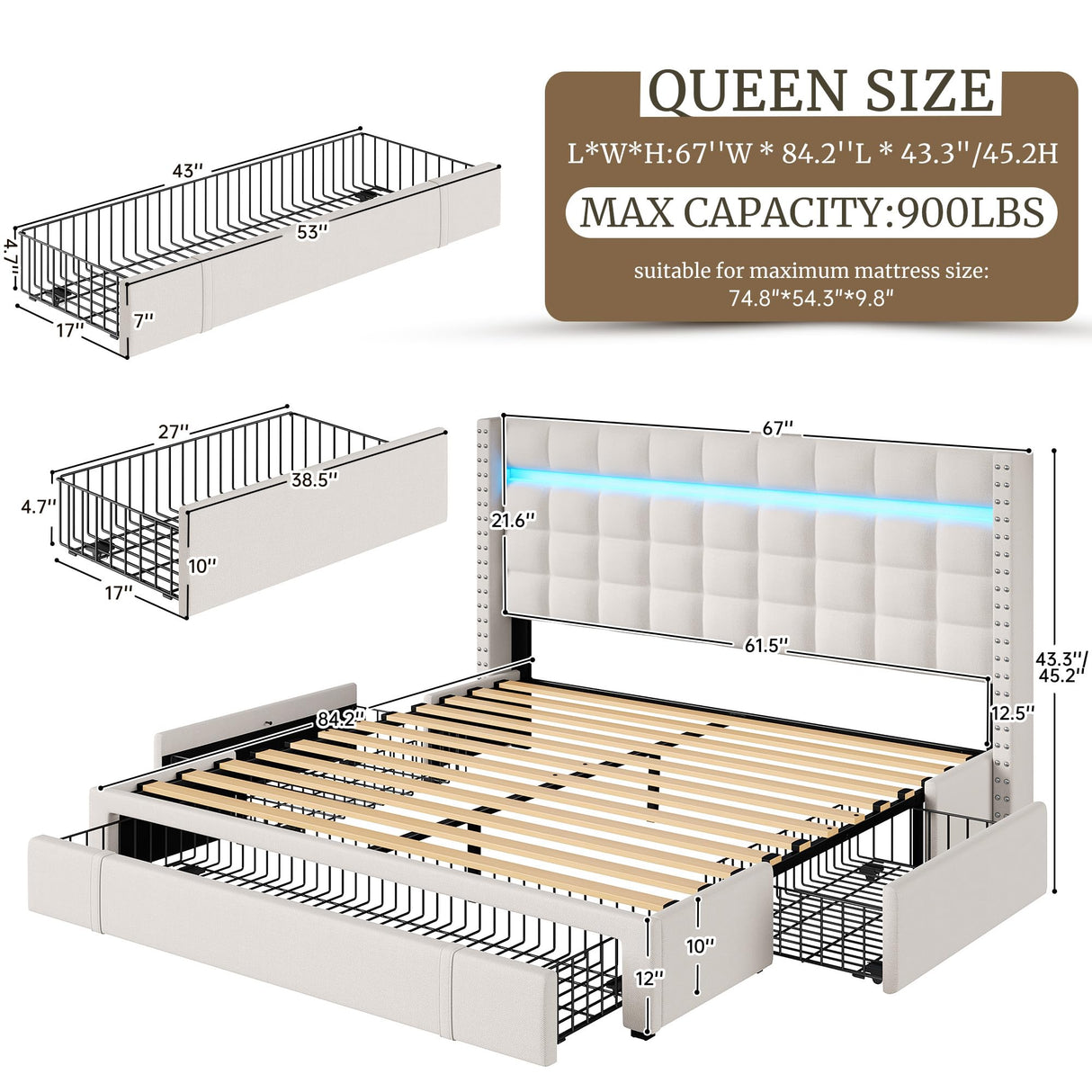 EnHomee LED Queen Bed Frame with Adjustable Headboard & 3 Storage Drawers in Beige EnHomee