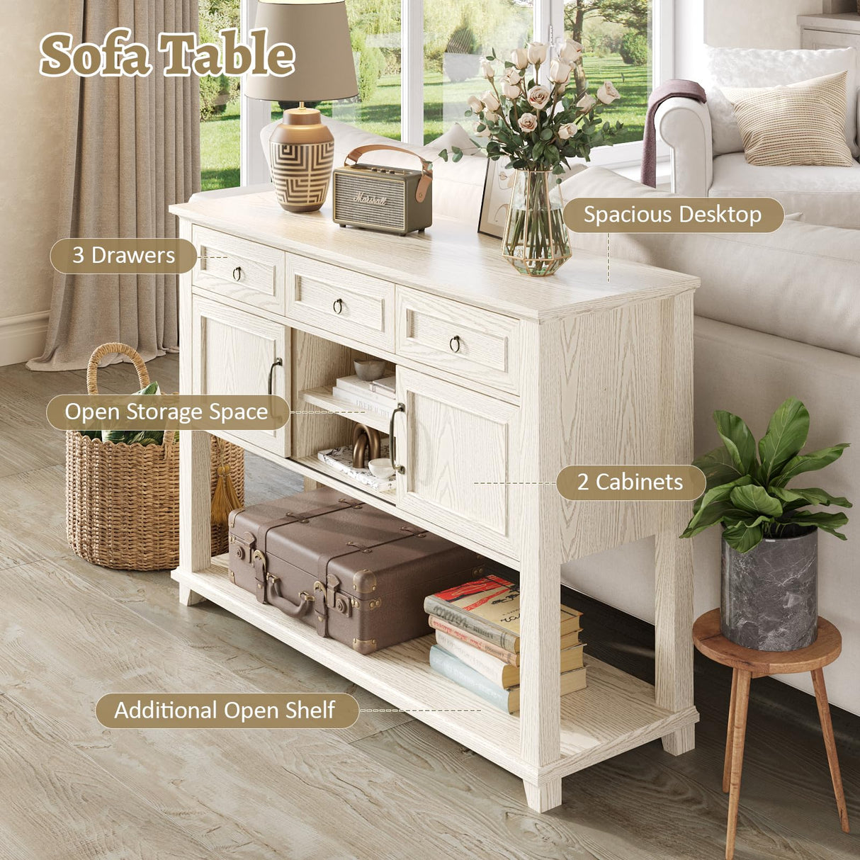 Vabches Entryway Table with 2 Sliding Barn Doors, 47" Farmhouse Console Table with Storage and 3 Drawers, Wood Rustic Sofa Table for for Living Room, Entryway, Hallway, White Grey Oak Vabches