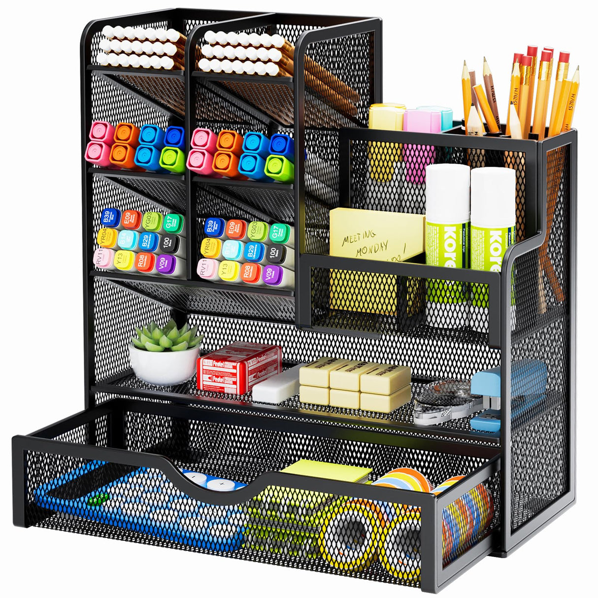 Marbrasse Mesh Pen Holder for Desk, Multi-Functional Pencil Organizer with Drawer, Desk Organizers and Accessories for Office Art Supplies (Black) Marbrasse