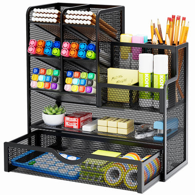 Marbrasse Mesh Pen Holder for Desk, Multi-Functional Pencil Organizer with Drawer, Desk Organizers and Accessories for Office Art Supplies (Black)