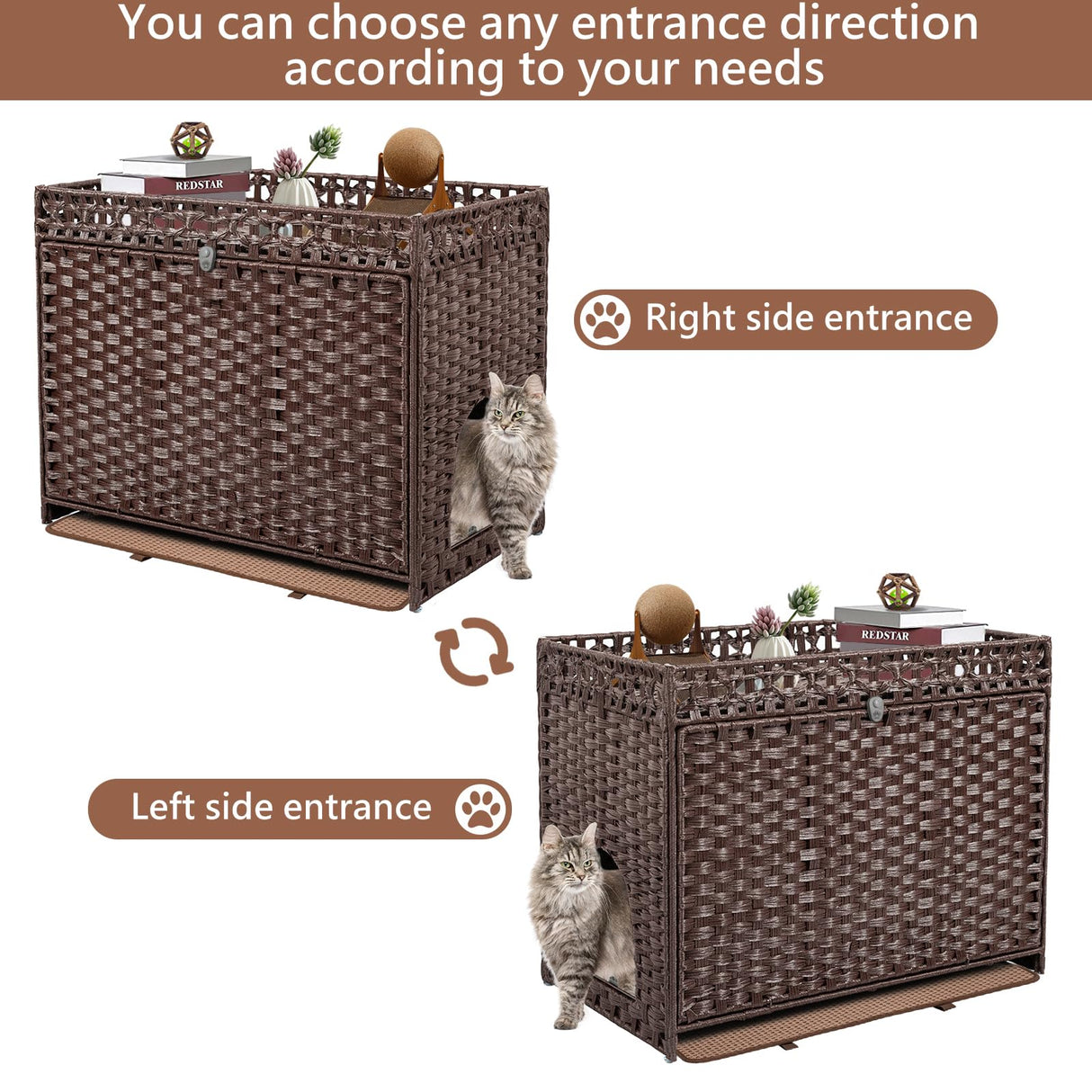 DOVEAID Cat Litter Box Enclosure Furniture Hidden, Pet House Litter Box Furniture for Large Cats, Handwoven Rattan with Door Cat Washroom Box, Indoor Cat House Storage with Soft Litter Mat, Brown DOVEAID