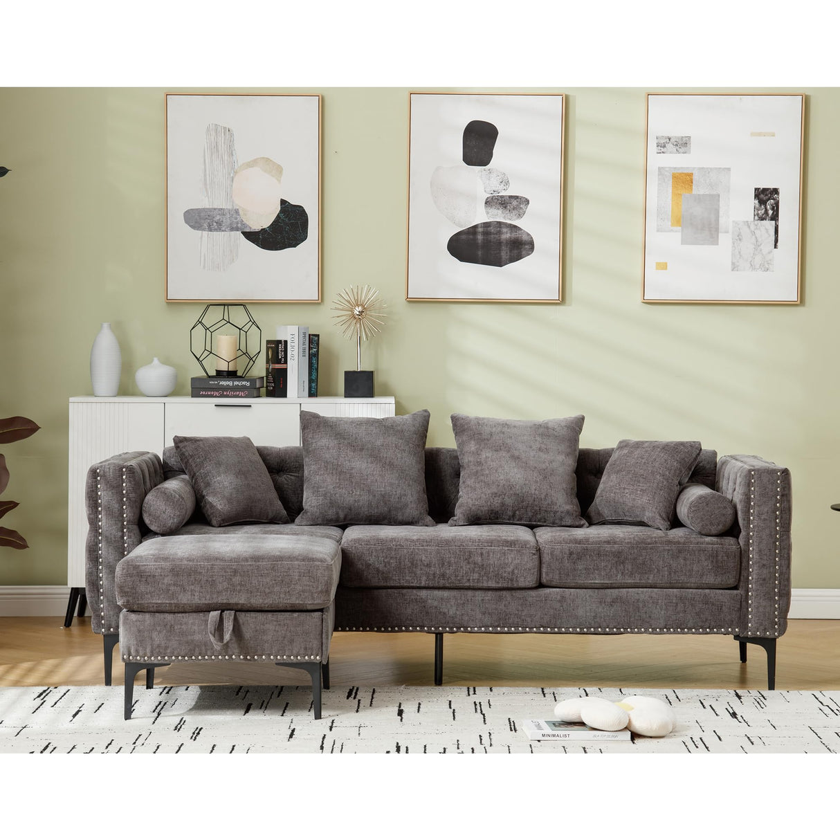 Ball & Cast 85" L Shaped Sectional Sofa with Storage Ottoman, Morden 3 Seater Tufted Couch with Nailhead Trim and Metal Legs for Living Room, Apartment, Office, Dark Gray Ball & Cast