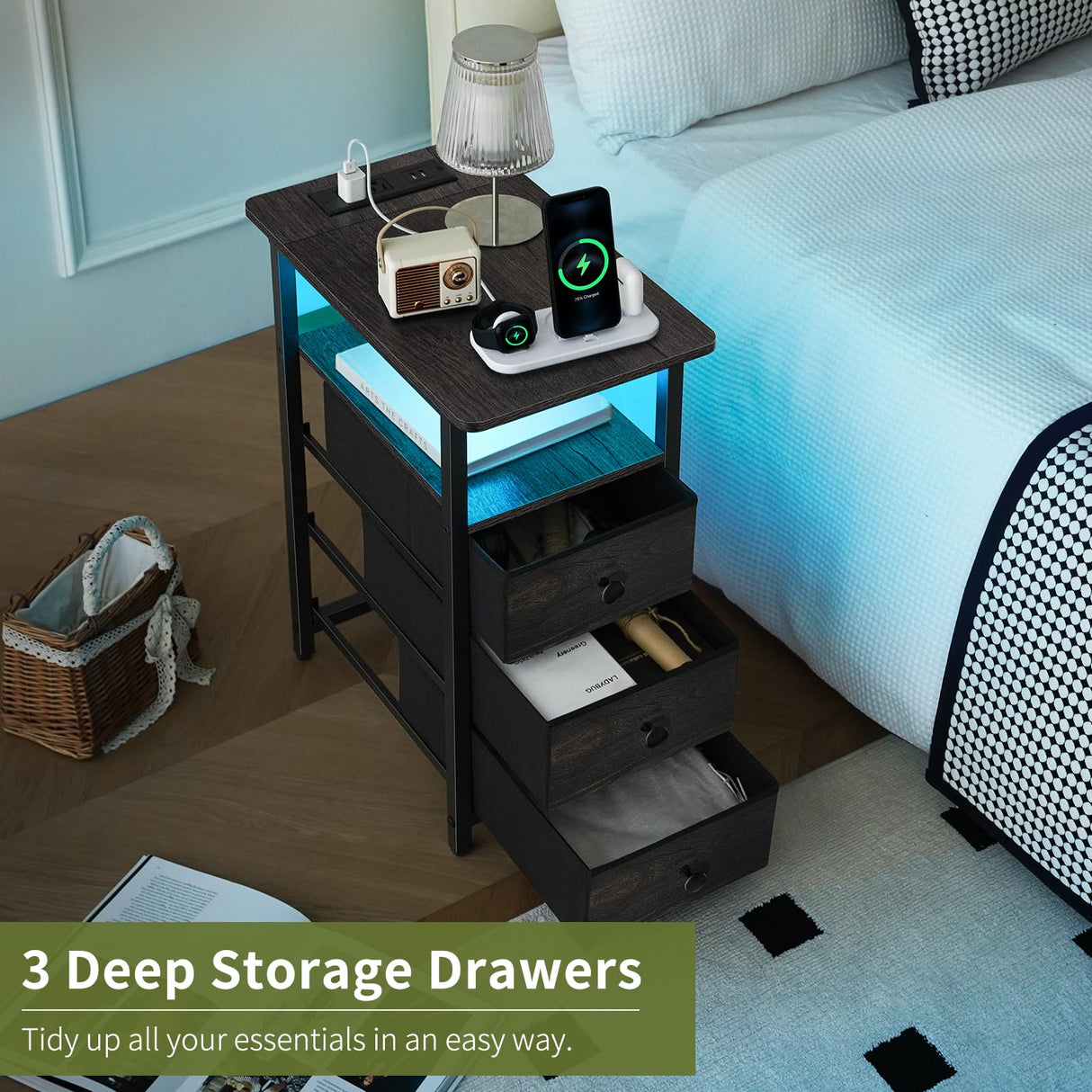 Yoobure End Table with Charging Station, LED Narrow Side Table Bedside Table, Small Night Stand End Tables Living Room, Skinny Nightstand with 3 Fabric Drawers, Side Tables Bedroom for Small Spaces Yoobure