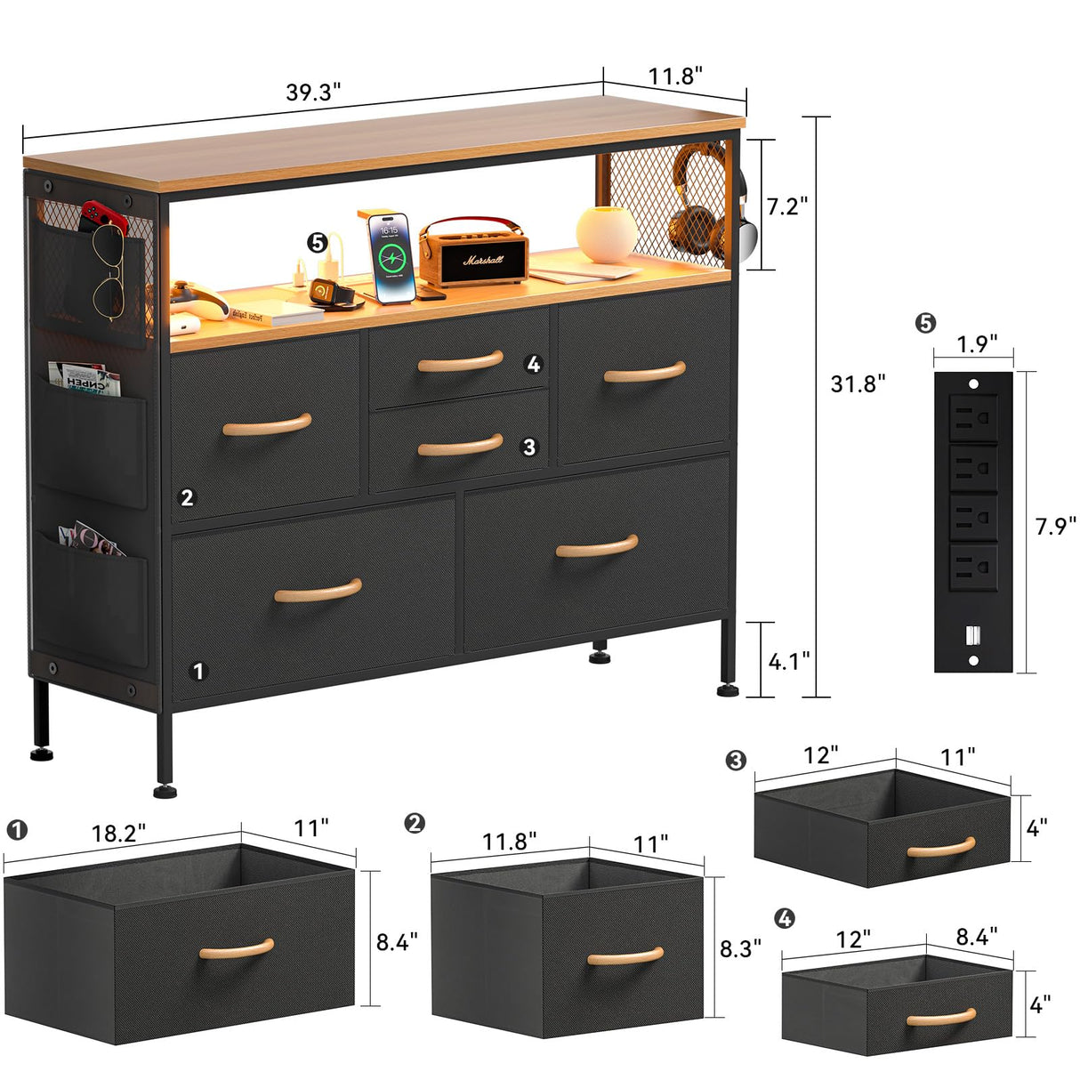 YILQQPER Dresser for Bedroom TV Stand with Power Outlets and LED Light, 6 Drawers Dresser with Side Pockets & Hooks, Wide Dresser with Shelves for 45" TV, Fabric Chest of Drawers, Black YILQQPER